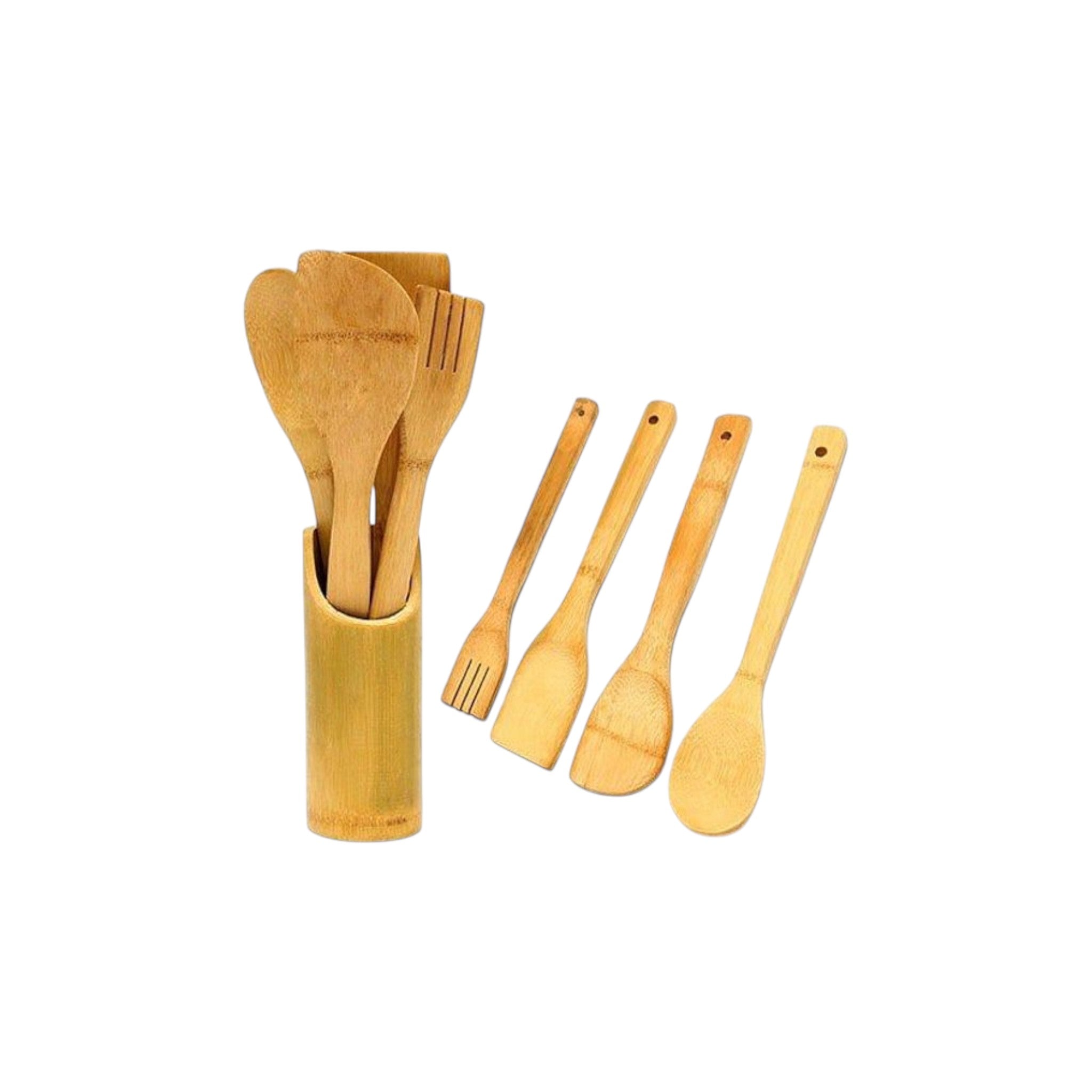 Bamboo Cutlery Kitchen Set in Holder 5pcs