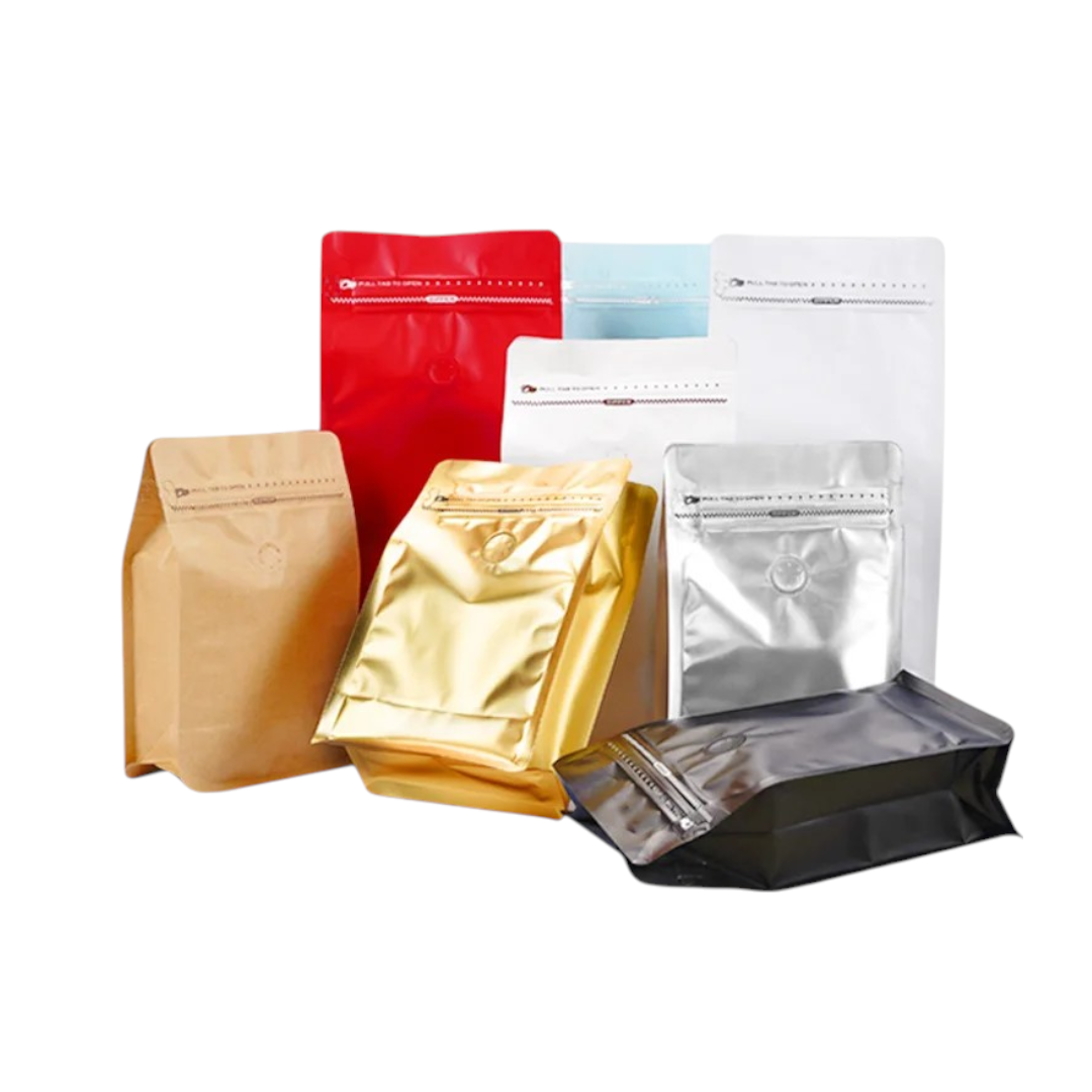 Aluminium Metalized Stand-up Coffee Bean Pouch Bag Bottom Gusset Landscape - Vacuum Seal Pull-tab with Air Valve Resealable 10Pack