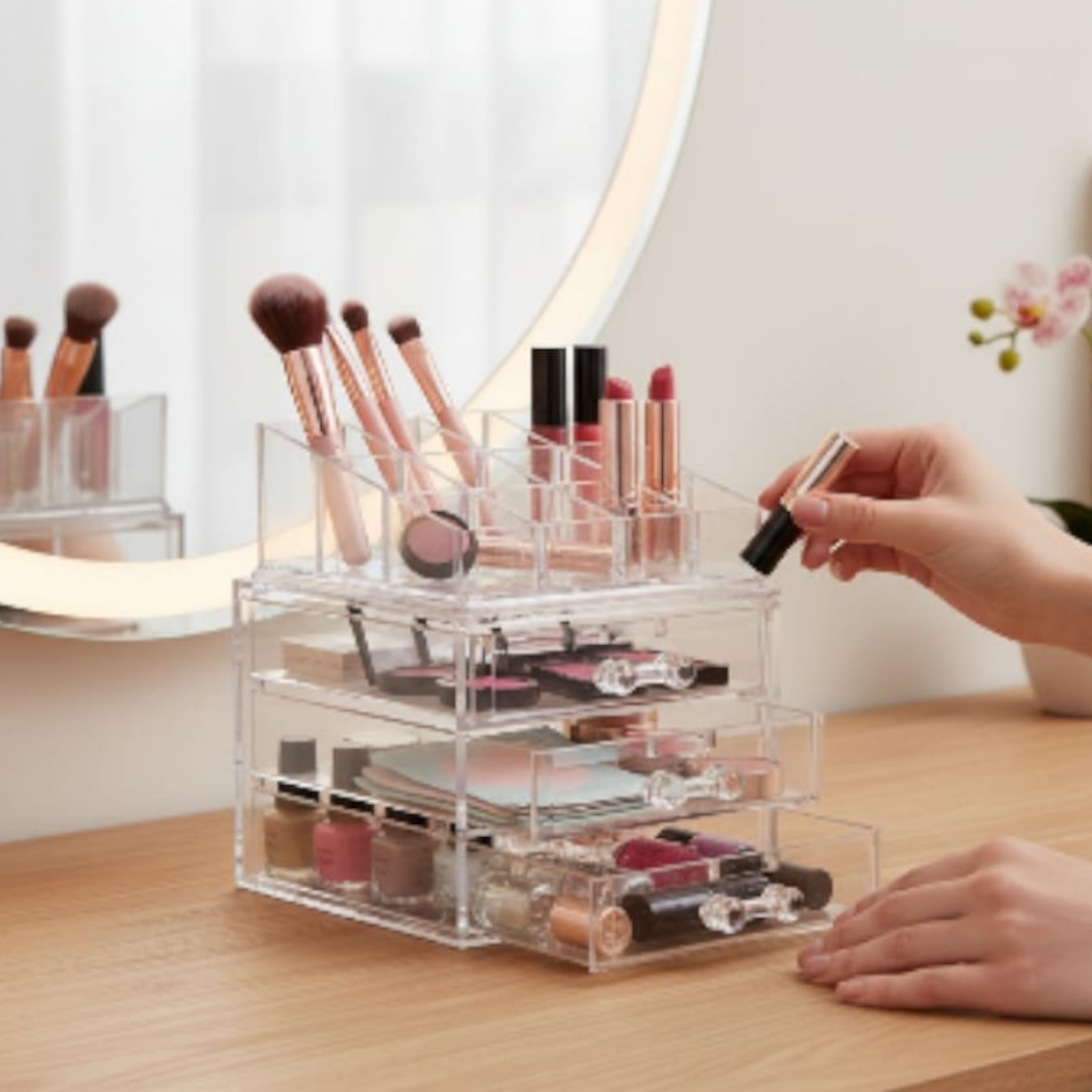 Modern Makeup Cosmetic Organizer Box Stackable with 3 Drawer Set - Clear Plastic