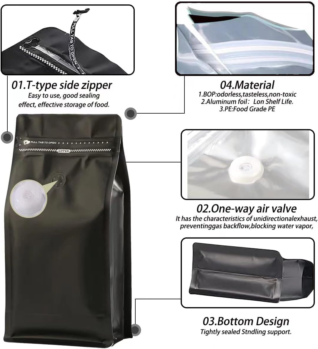 Aluminium Metalized Stand-up Coffee Bean Pouch Bag Side Gusset with Flat Bottom - Vacuum Seal Pull-tab with Air Valve Resealable 10Pack