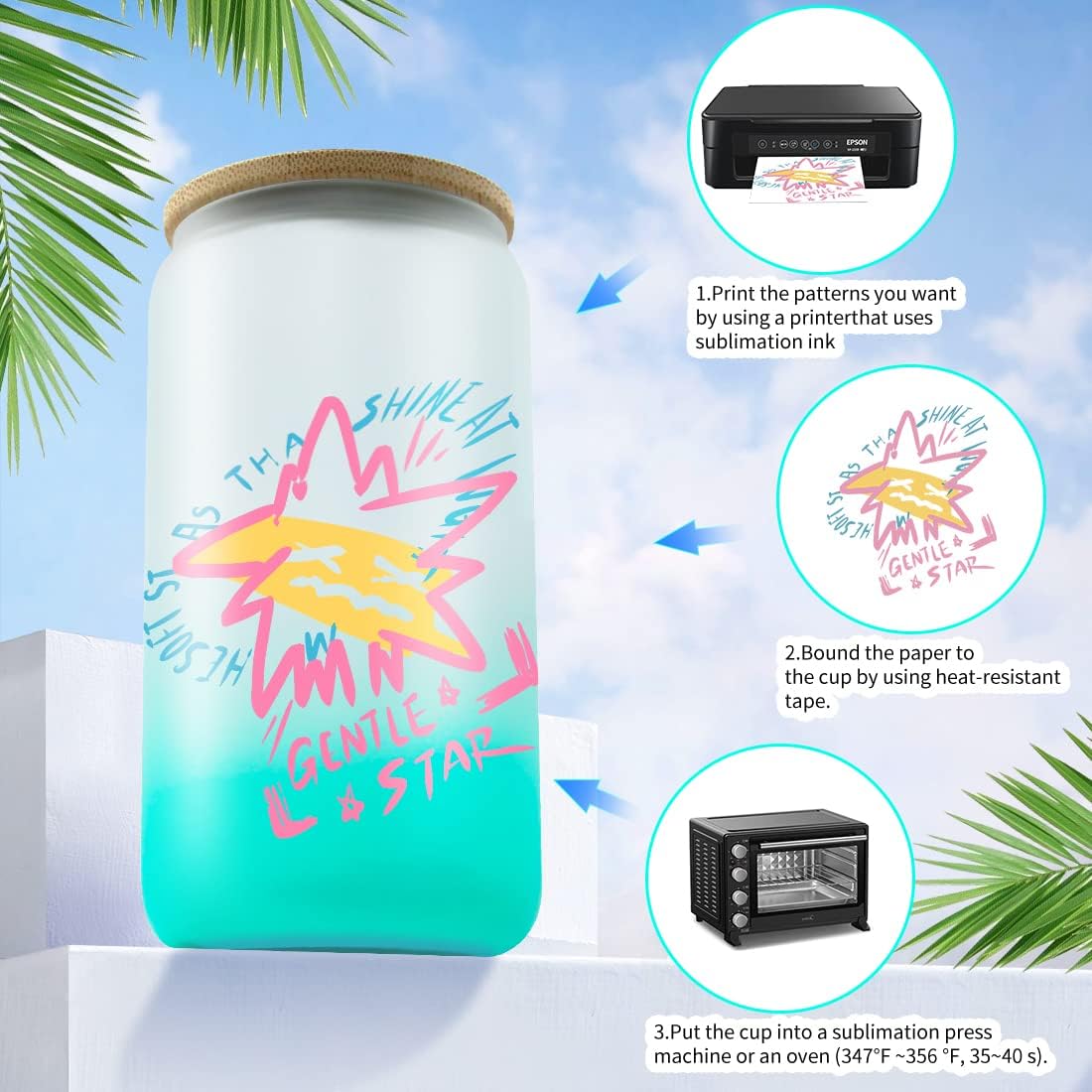 Frosted Glass Drinking Can Bottle 480ml Color Gradient with Bamboo Lid & Borosilicate Straw