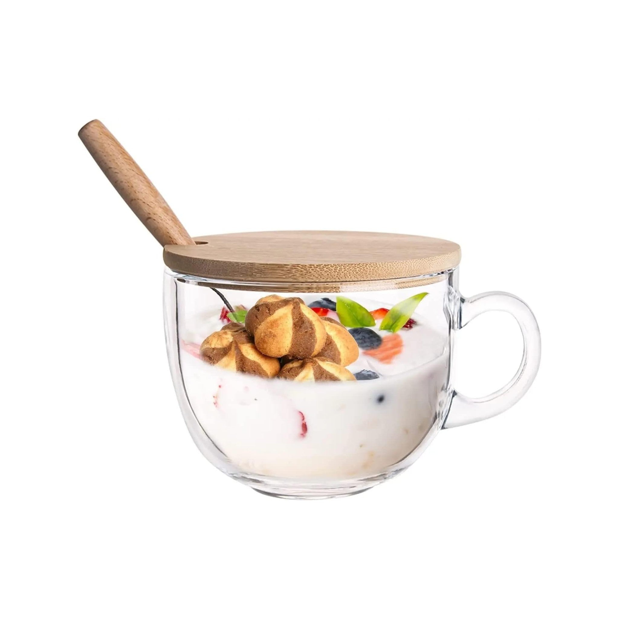 Breakfast Glass Cup Mug with Bamboo Wooden Lid & Spoon 1pc