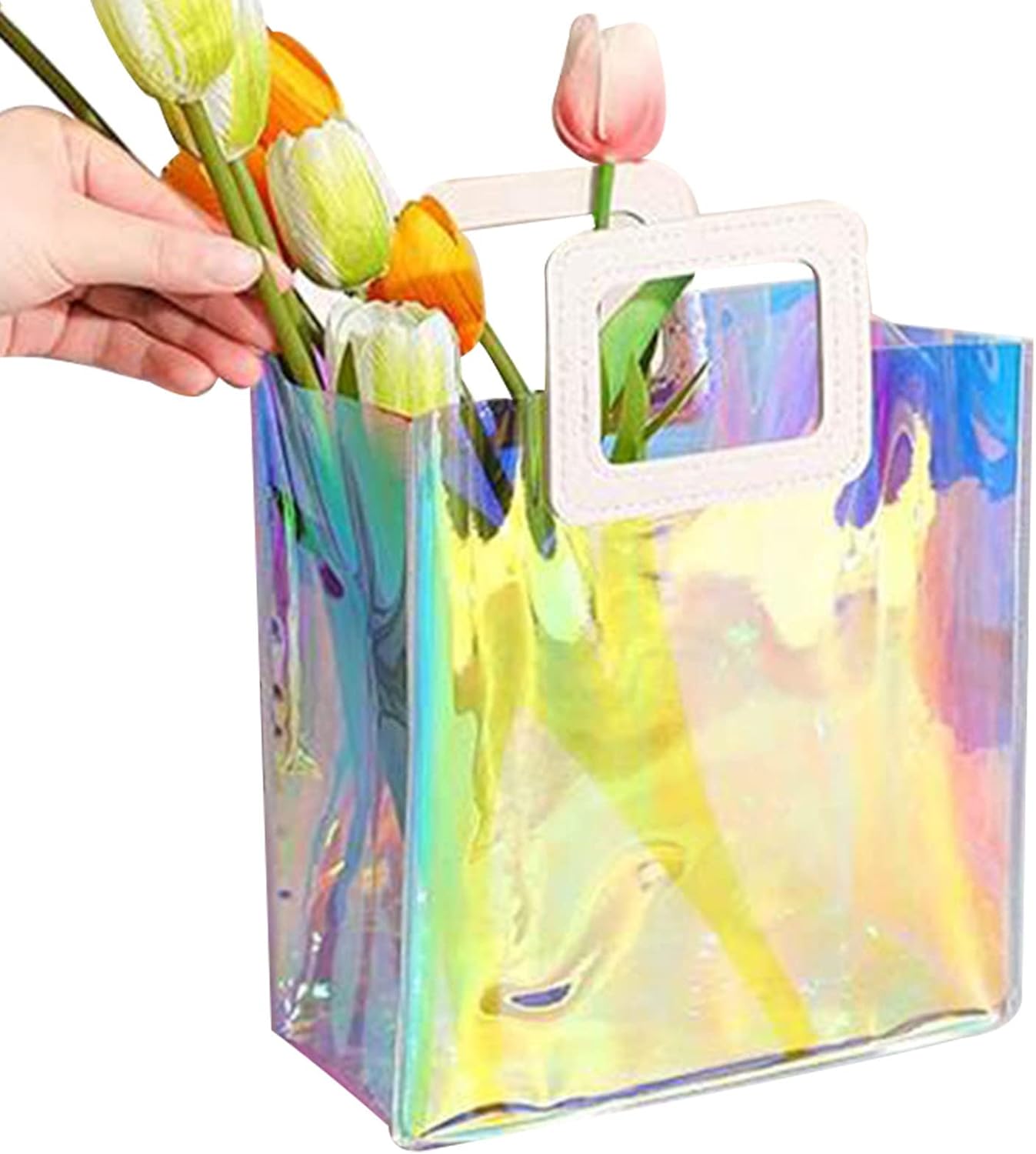 PVC Gift Bags with Square Handle - Iridescent Tote Bags Glossy Favor Bags 17x19cm