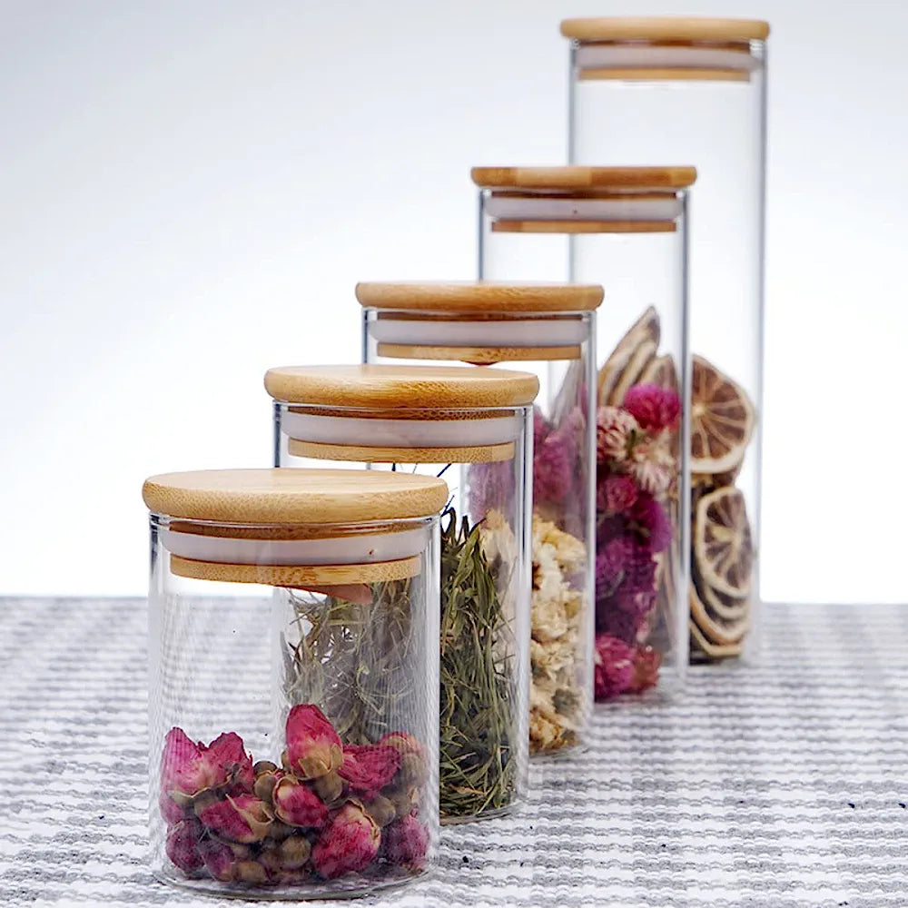 Borosilicate Glass Canister Storage Jar Round with Wooden Lid