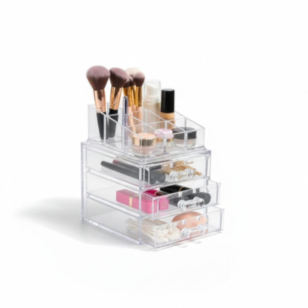 Modern Makeup Cosmetic Organizer Box Stackable with 3 Drawer Set - Clear Plastic