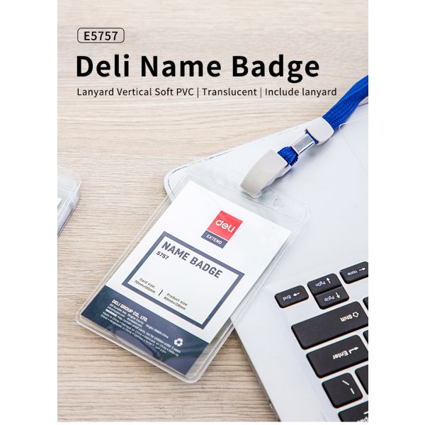 Deli Name Badge With Blue Lanyard Card 95x68x0.25mm Vertical Blue 50pcs