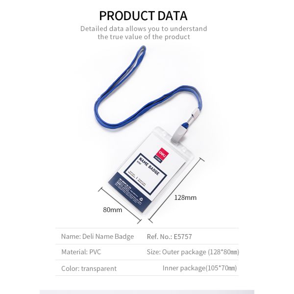 Deli Name Badge With Blue Lanyard Card 95x68x0.25mm Vertical Blue 50pcs