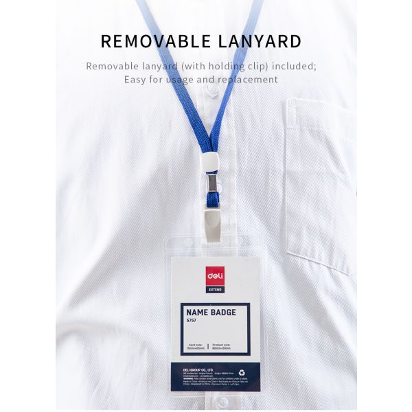 Deli Name Badge With Blue Lanyard Card 95x68x0.25mm Vertical Blue 50pcs