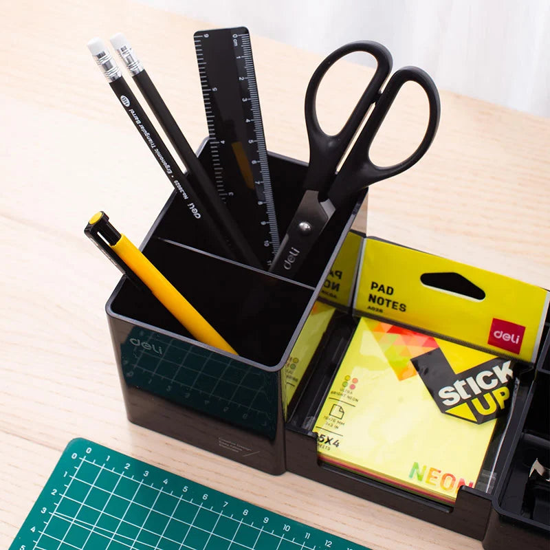 Deli Desk Organizer 6-Compartments Included Pen Stand Note Holder Card Holder 254x112x90mm Black