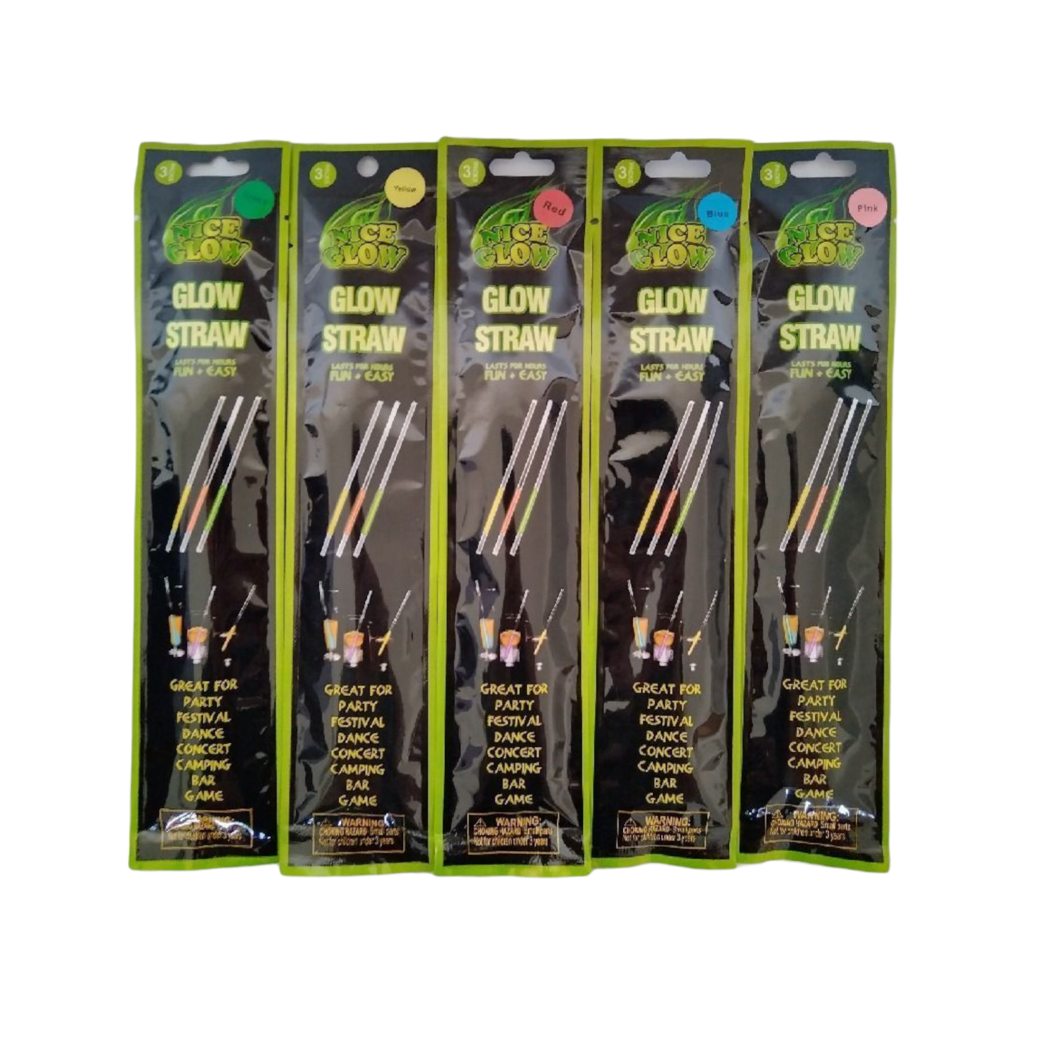 Glow Drinking Straws 3pc Assorted Colours 20.5cm