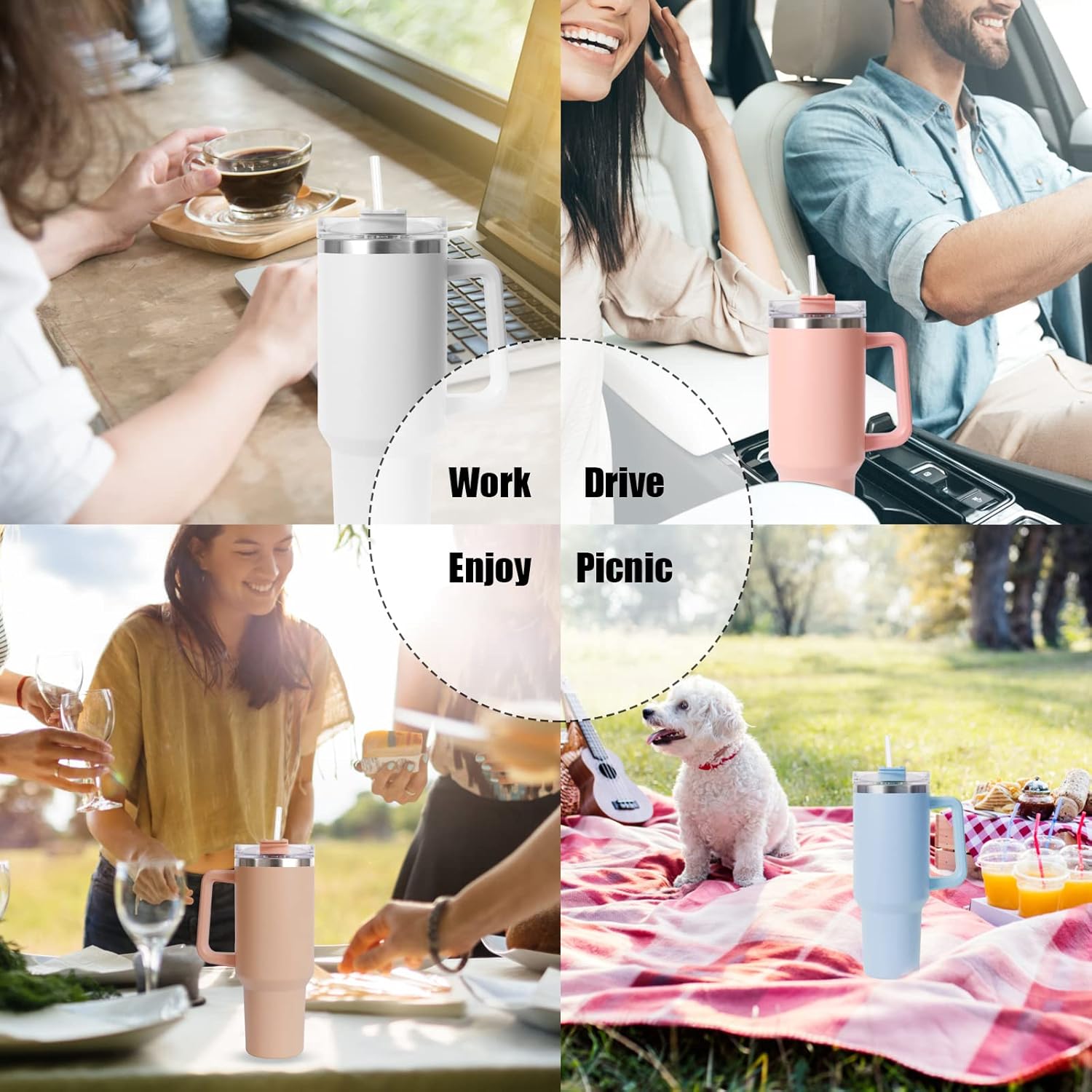 1.2L Travel Mug Thermos Flask Stainless Steel with Handle & Straw