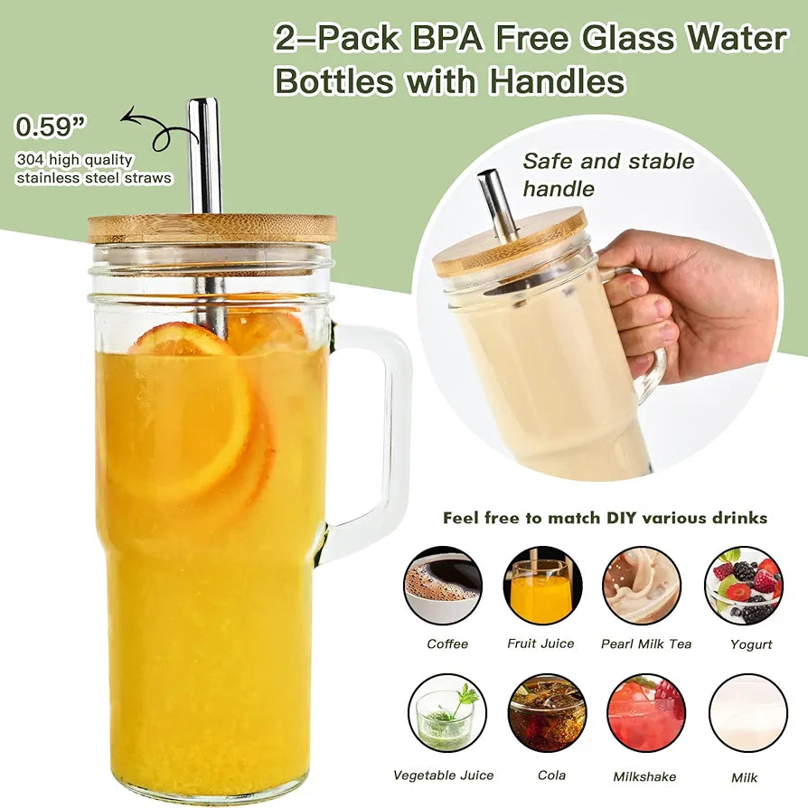 Aqua Glass Drinking Tumbler 1L with Bamboo Lid 2pack
