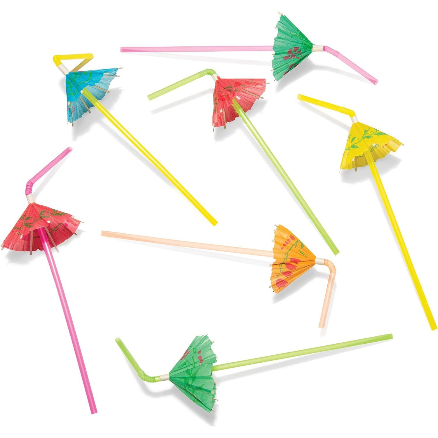 Flexible Bendy Straws Plastic Colorful with Umbrella 5x240mm Assorted 12pack