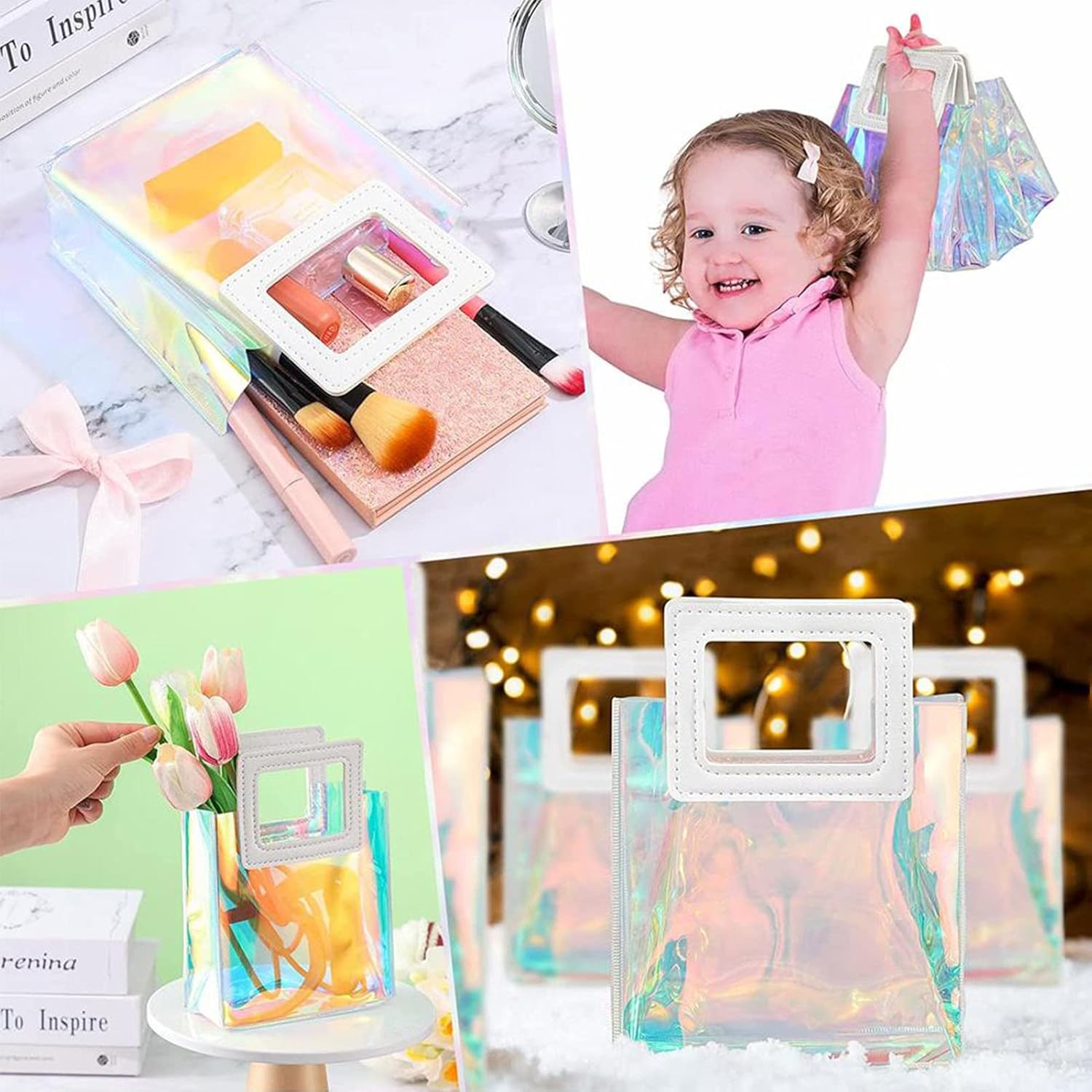 PVC Gift Bags with Square Handle - Iridescent Tote Bags Glossy Favor Bags 17x19cm