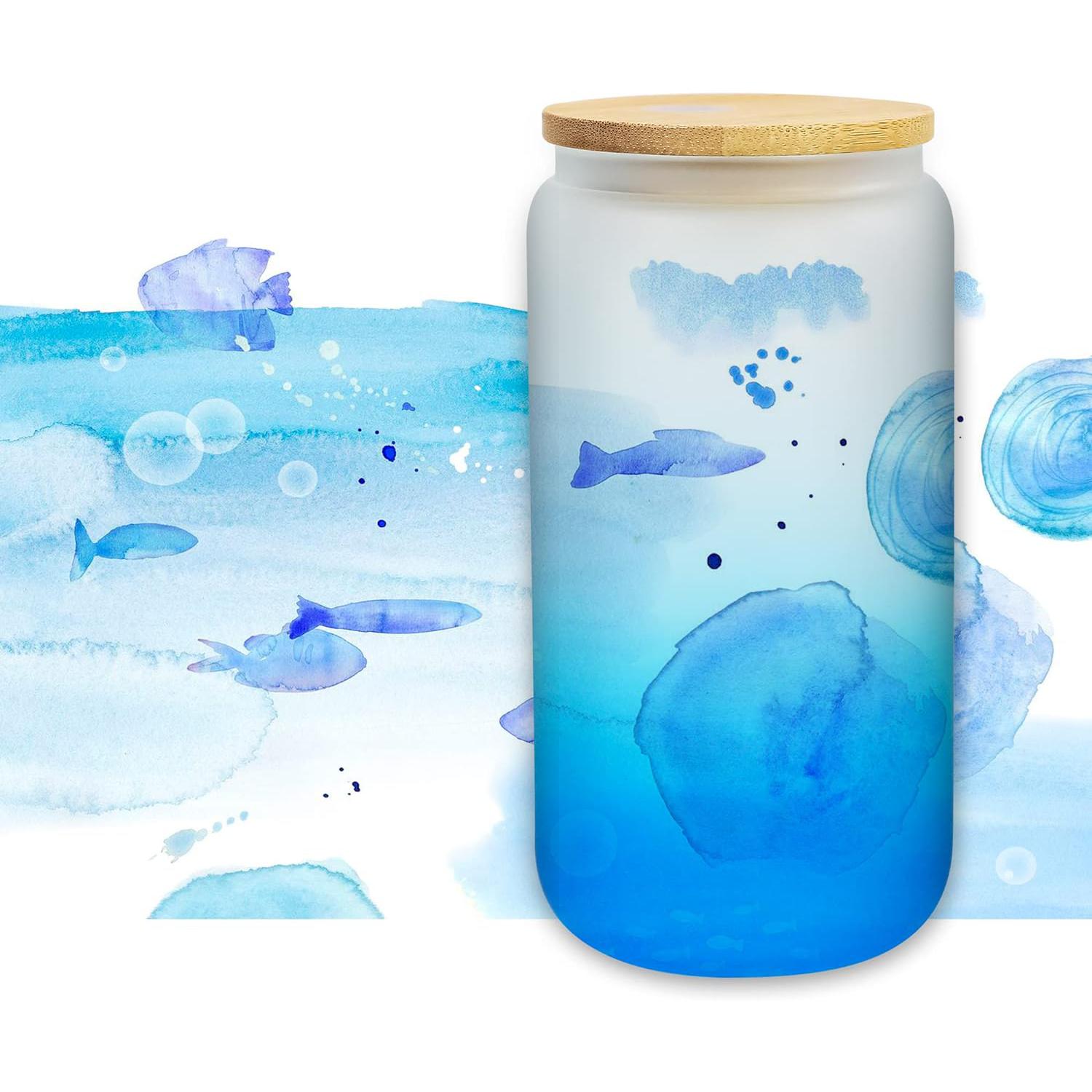 Frosted Glass Drinking Can Bottle 480ml Color Gradient with Bamboo Lid & Borosilicate Straw