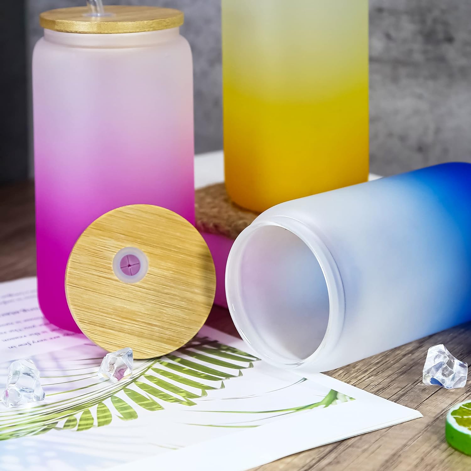 Frosted Glass Drinking Can Bottle 480ml Color Gradient with Bamboo Lid & Borosilicate Straw