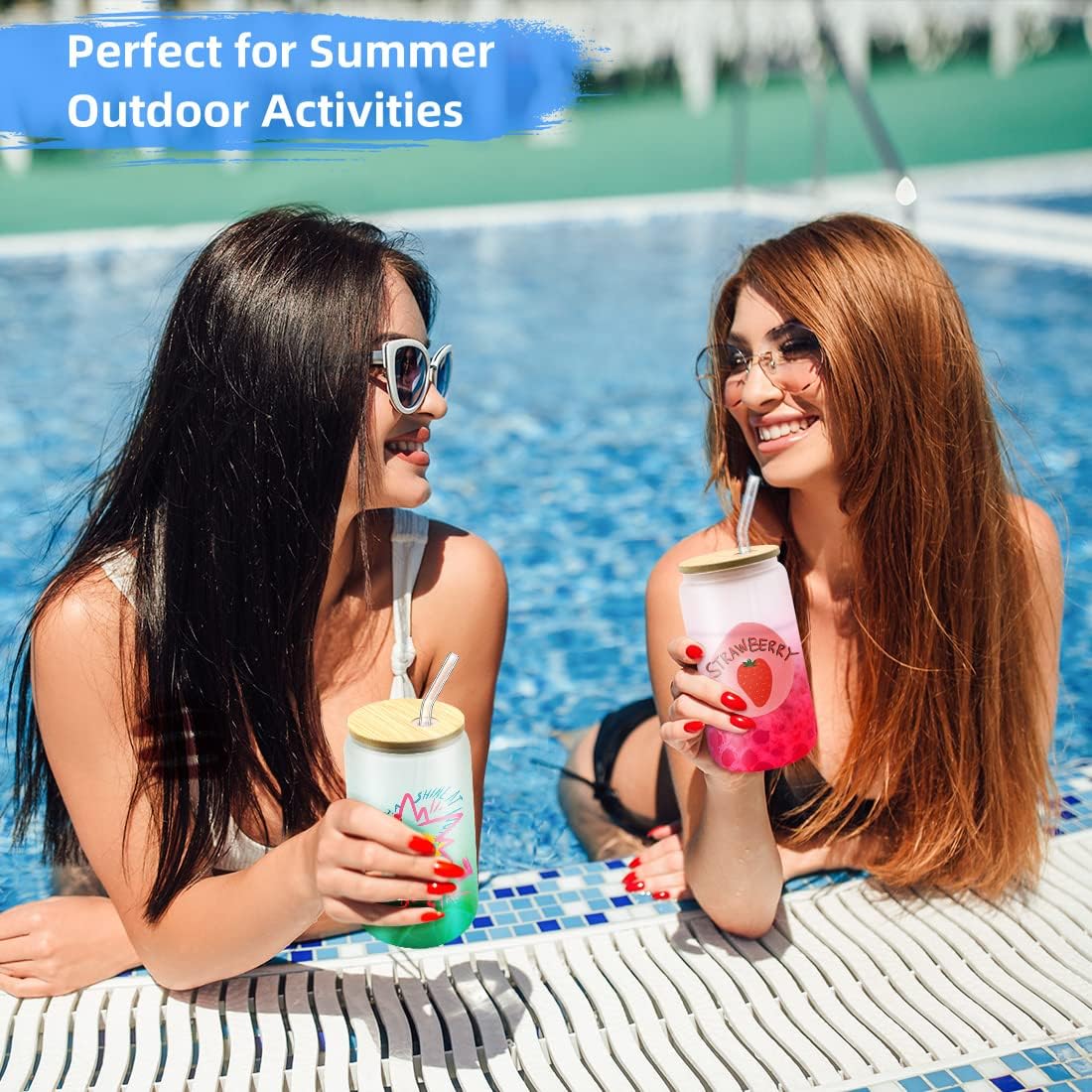 Frosted Glass Drinking Can Bottle 480ml Color Gradient with Bamboo Lid & Borosilicate Straw