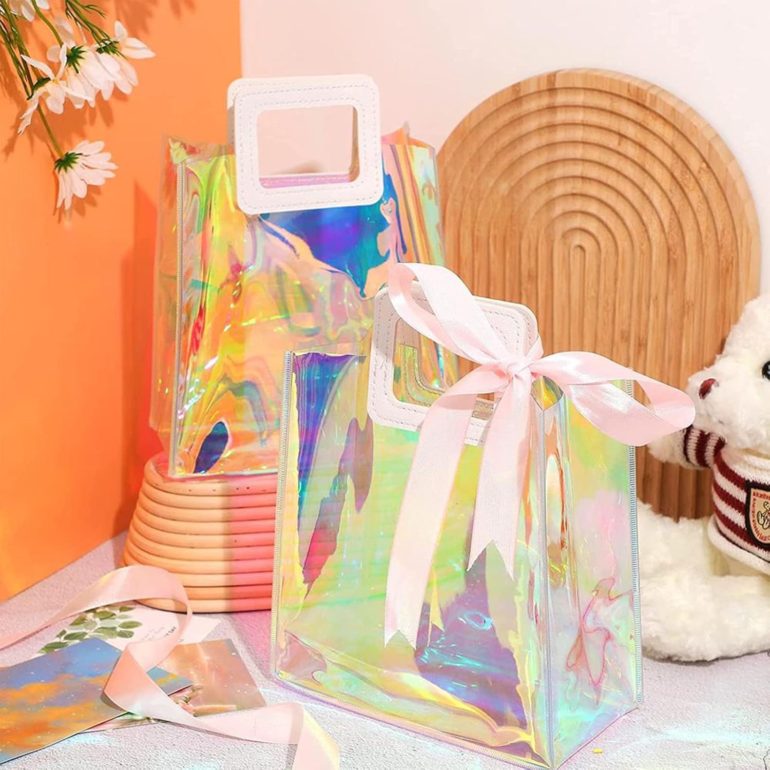 PVC Gift Bags with Square Handle - Iridescent Tote Bags Glossy Favor Bags 17x19cm