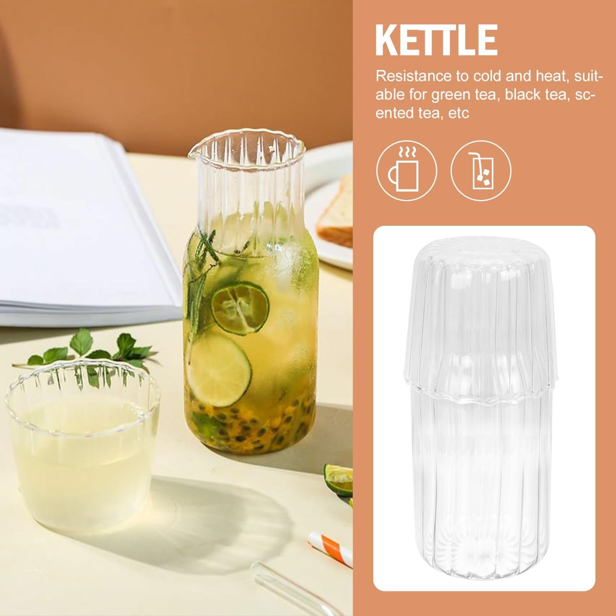 Premium Borosilicate Ribbed Glass Carafe with Matching Cup 2pc Set
