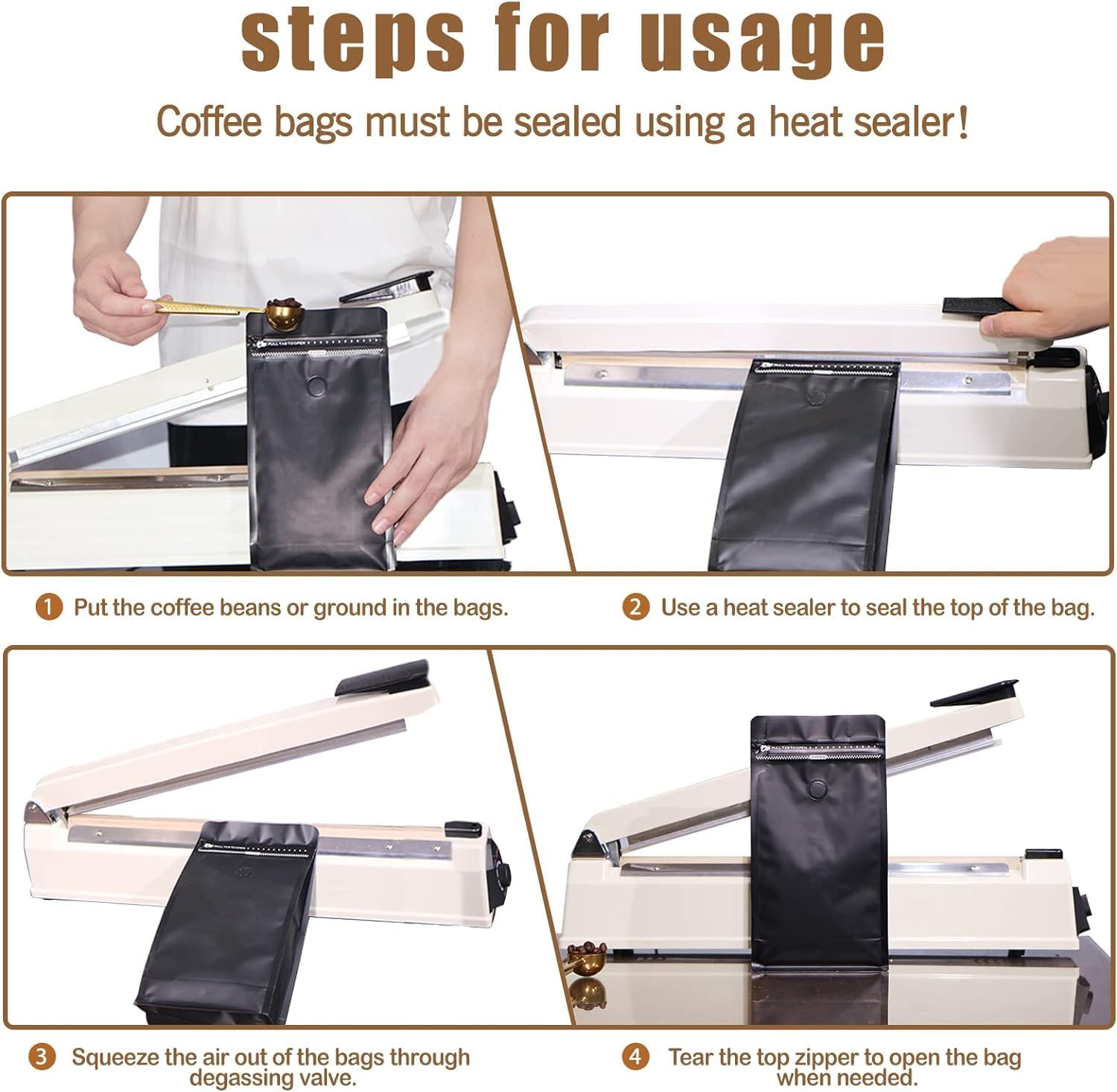 Aluminium Metalized Stand-up Coffee Bean Pouch Bag Side Gusset with Flat Bottom - Vacuum Seal Pull-tab with Air Valve Resealable 10Pack