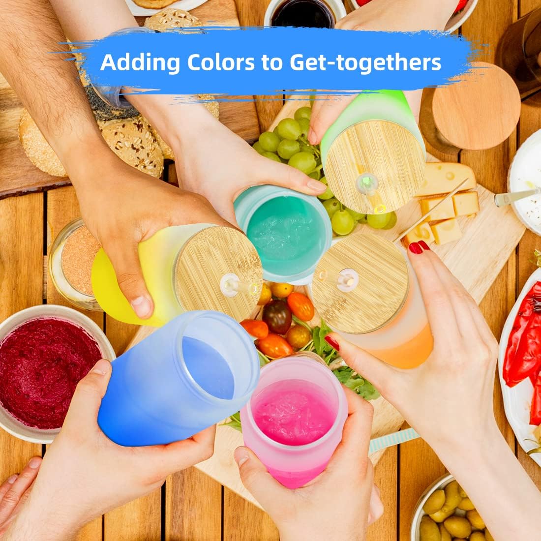 Frosted Glass Drinking Can Bottle 480ml Color Gradient with Bamboo Lid & Borosilicate Straw