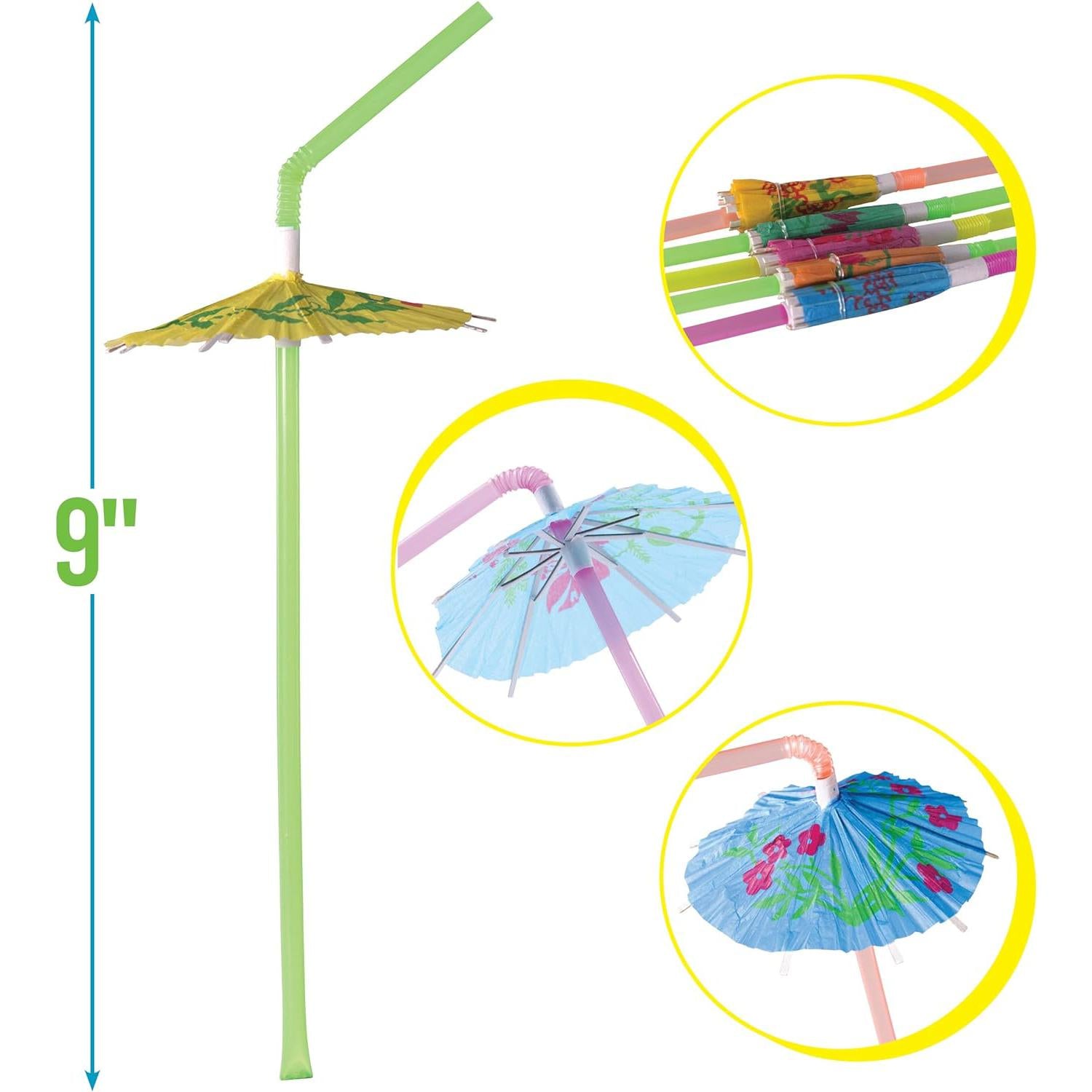 Flexible Bendy Straws Plastic Colorful with Umbrella 5x240mm Assorted 12pack