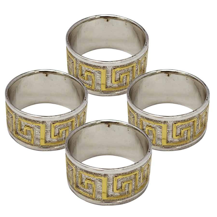 Diamond Napkin Ring Holders Silver with Gold Stainless Steel 4pc Set S