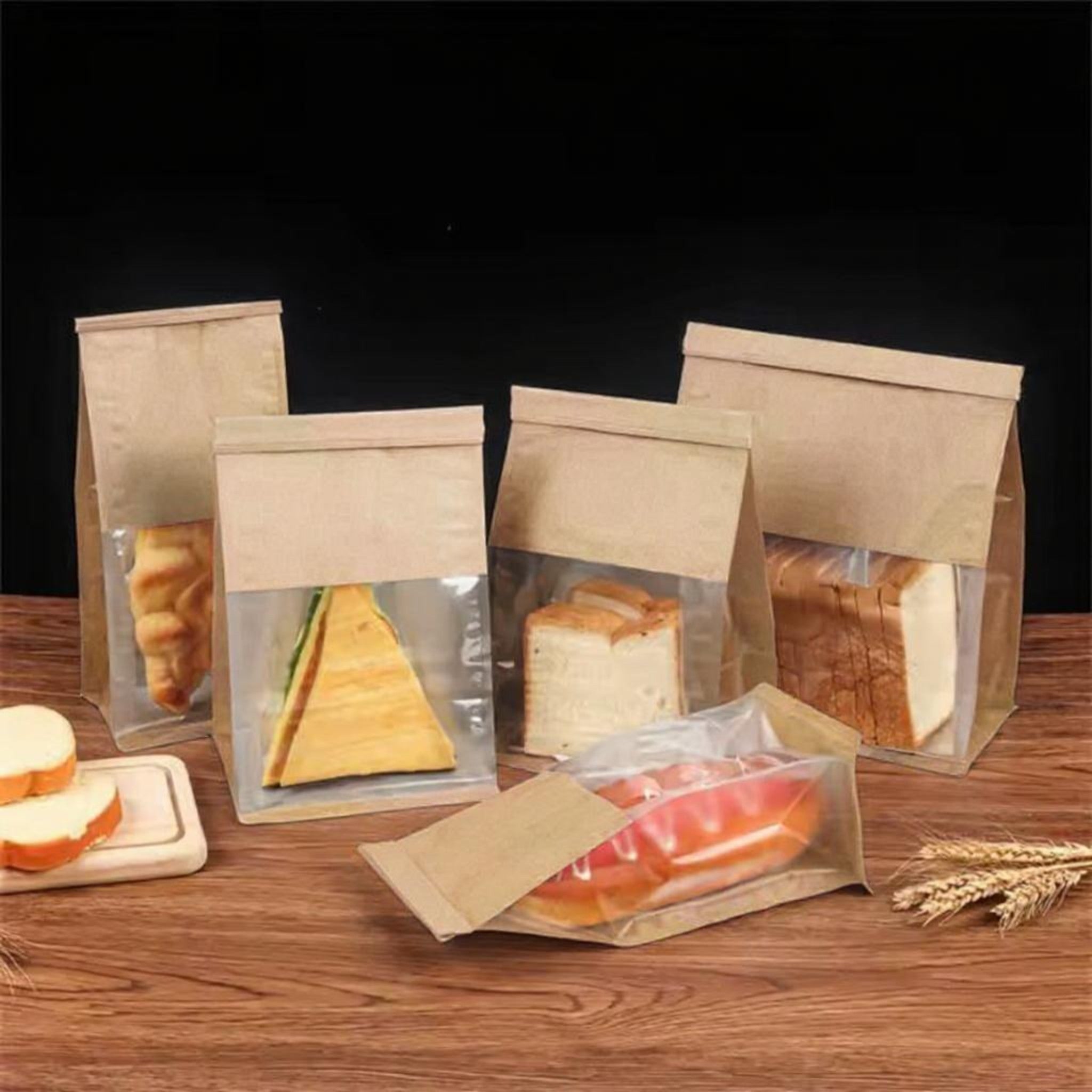Food Grade Bakery Plastic Bags Transparent Side & Front Window Tissue Paper with Tin Tie 3D Flat Bottom 10pack