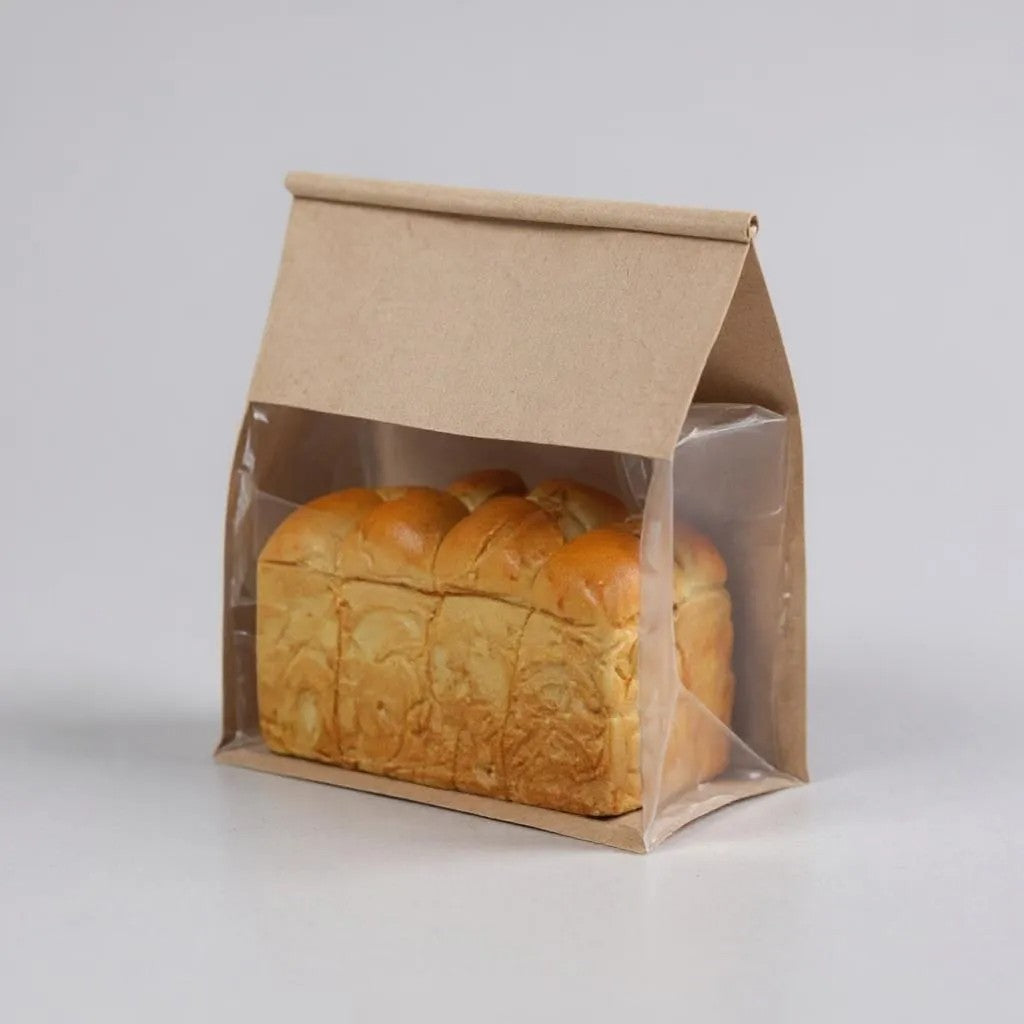 Food Grade Bakery Plastic Bags Transparent Side & Front Window Tissue Paper with Tin Tie 3D Flat Bottom 10pack