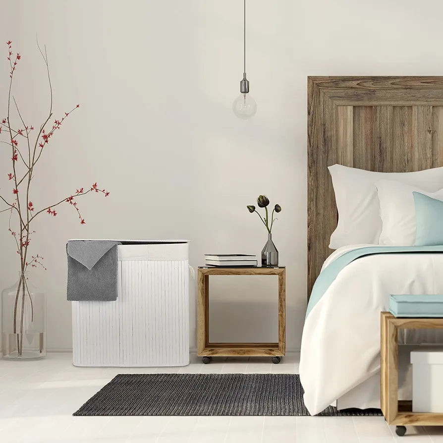 Aqua Bamboo Foldable Laundry Basket Double Rectangle White 15690