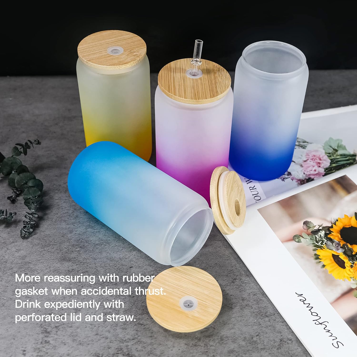 Frosted Glass Drinking Can Bottle 480ml Color Gradient with Bamboo Lid & Borosilicate Straw