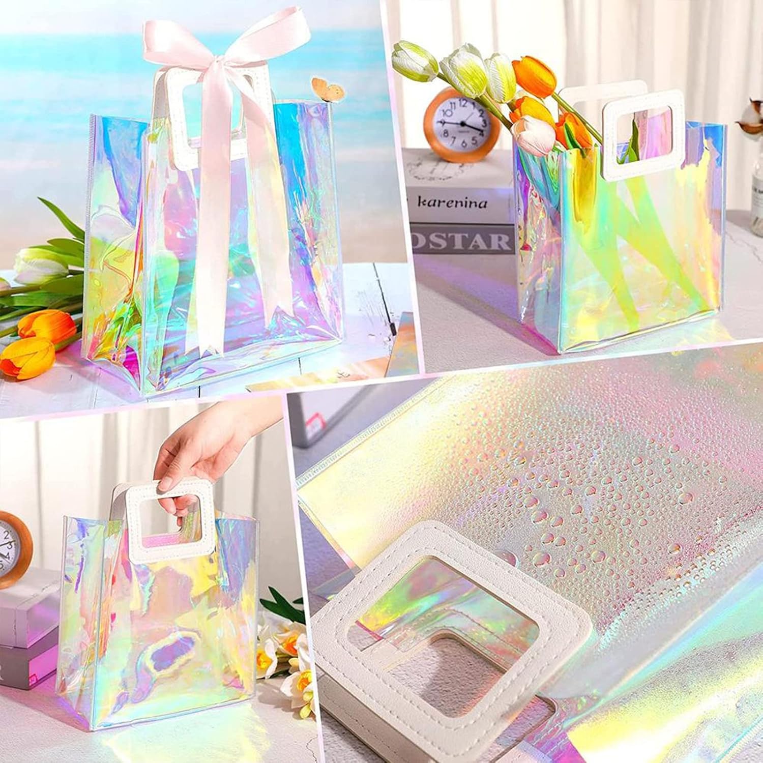 PVC Gift Bags with Square Handle - Iridescent Tote Bags Glossy Favor Bags 17x19cm