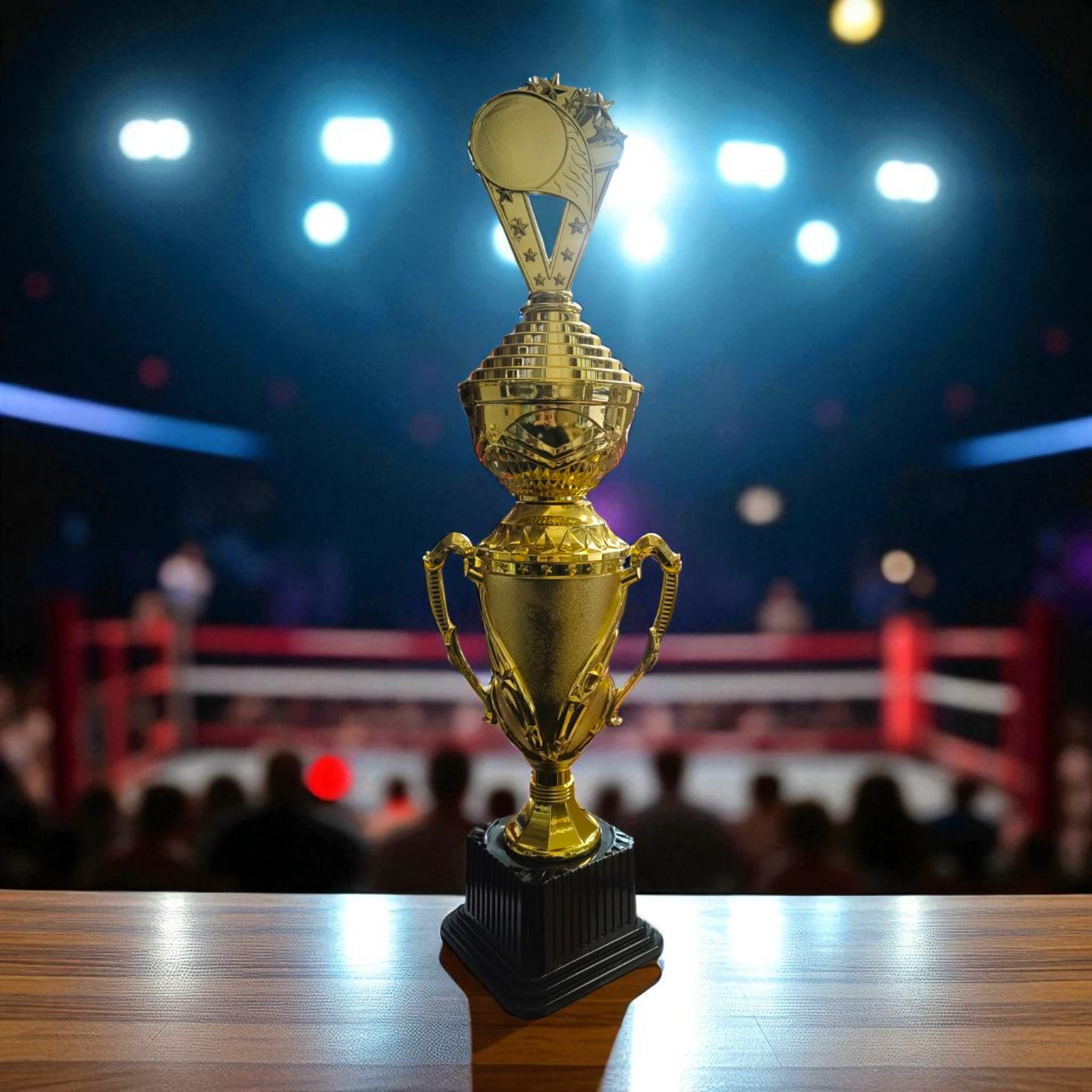 Gold Plastic Crescent Trophy liddes Cup with Black Base and Ribbon 57cm