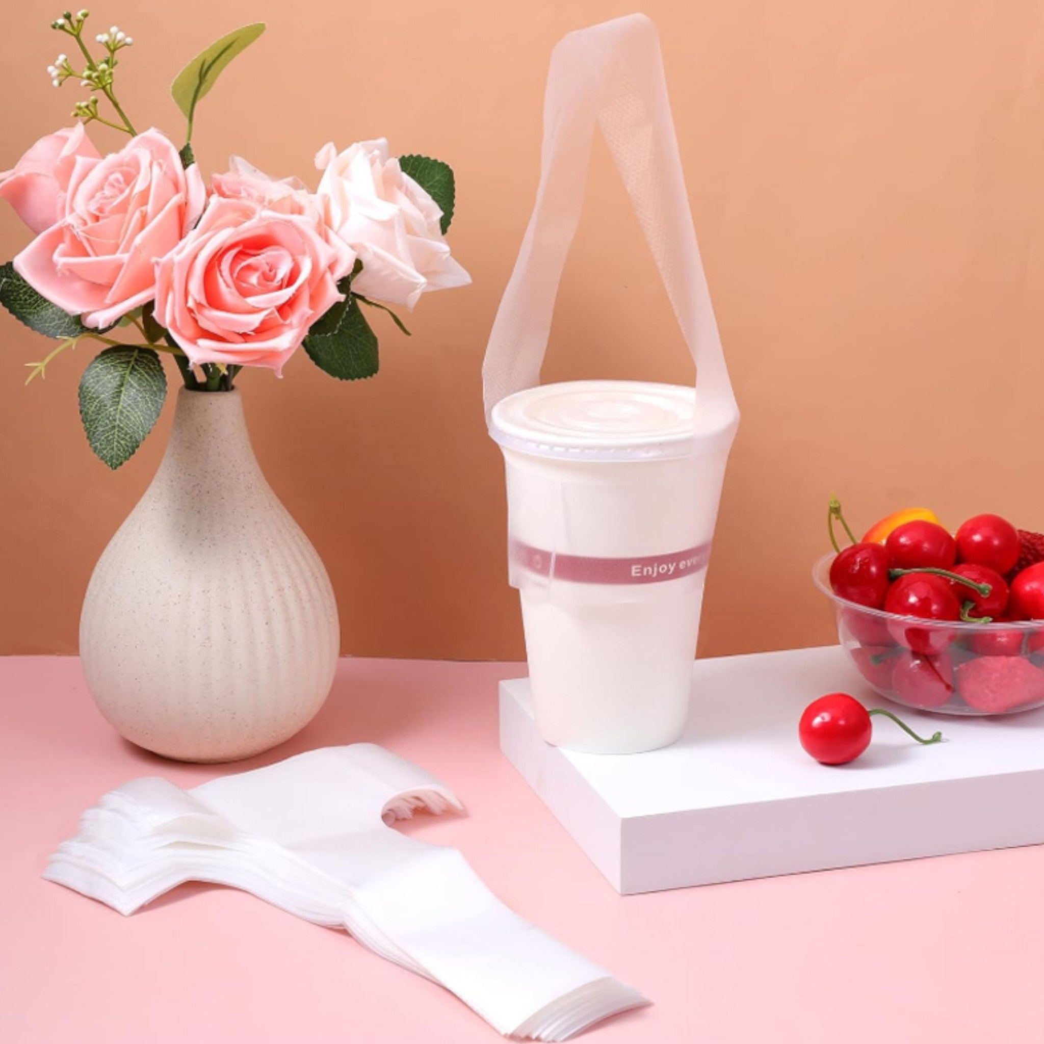 Disposable T-Shaped Beverage Single Cup Carrier Bag Clear Plastic - 7microns 100pcs