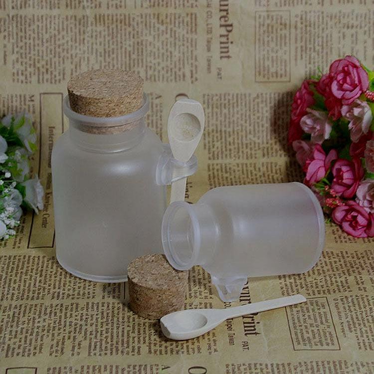 100ml Plastic Frosted Jar 5x8cm Honey-Bath Salt Container with Wooden Spoon & Cork Lid