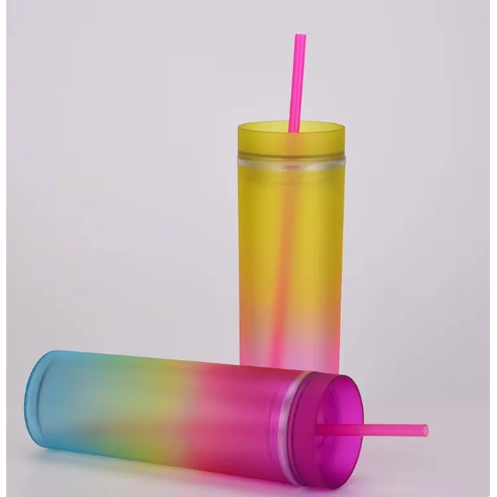 Skinny Drinking Tumbler 473ml Rainbow Gradient Frosted Acrylic Reusable with Lid & Straw