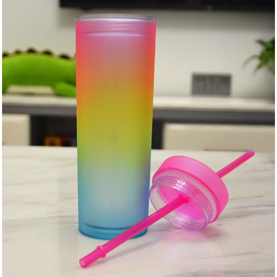 Skinny Drinking Tumbler 473ml Rainbow Gradient Frosted Acrylic Reusable with Lid & Straw