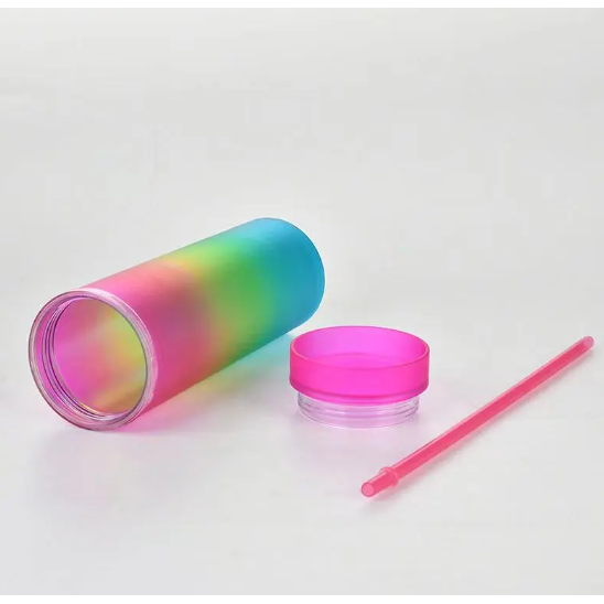 Skinny Drinking Tumbler 473ml Rainbow Gradient Frosted Acrylic Reusable with Lid & Straw