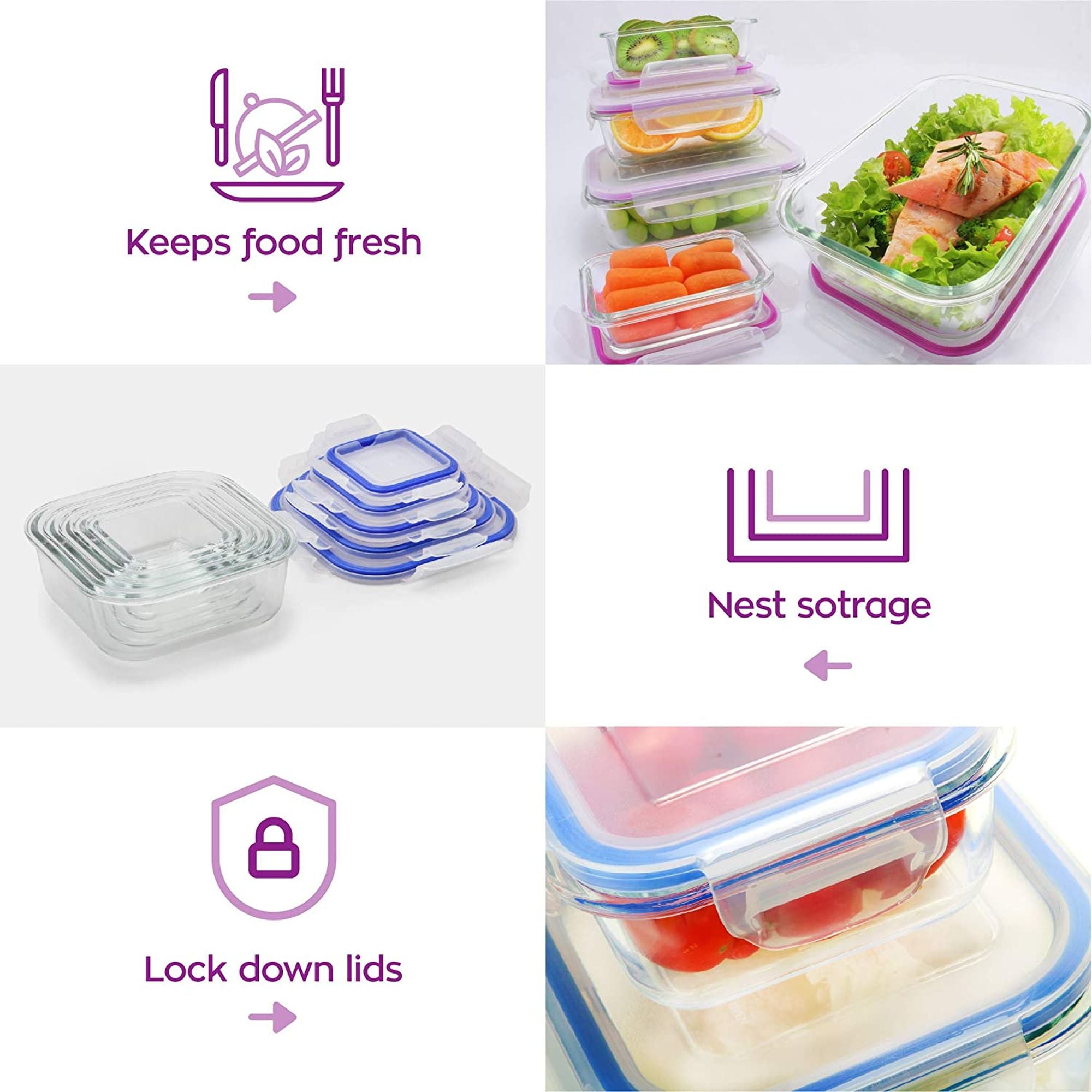 Food Storage Saver Clip Lock Square Lunch Box 3pc Set
