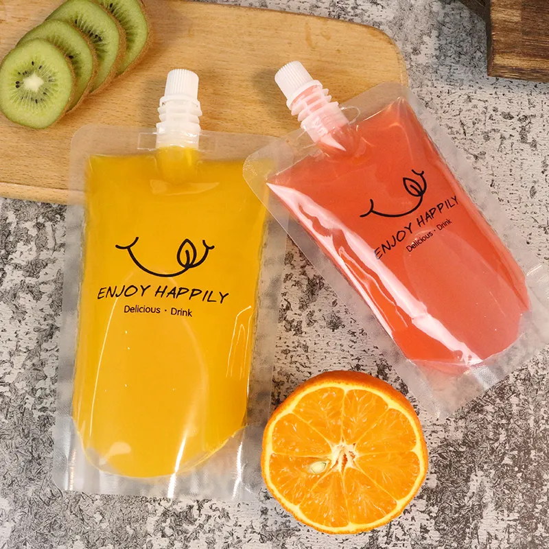 Drinking Pouch Bag Clear with Spout 100mic Resealable Stand-Up Beverage Packaging with Enjoy Happily Patterned