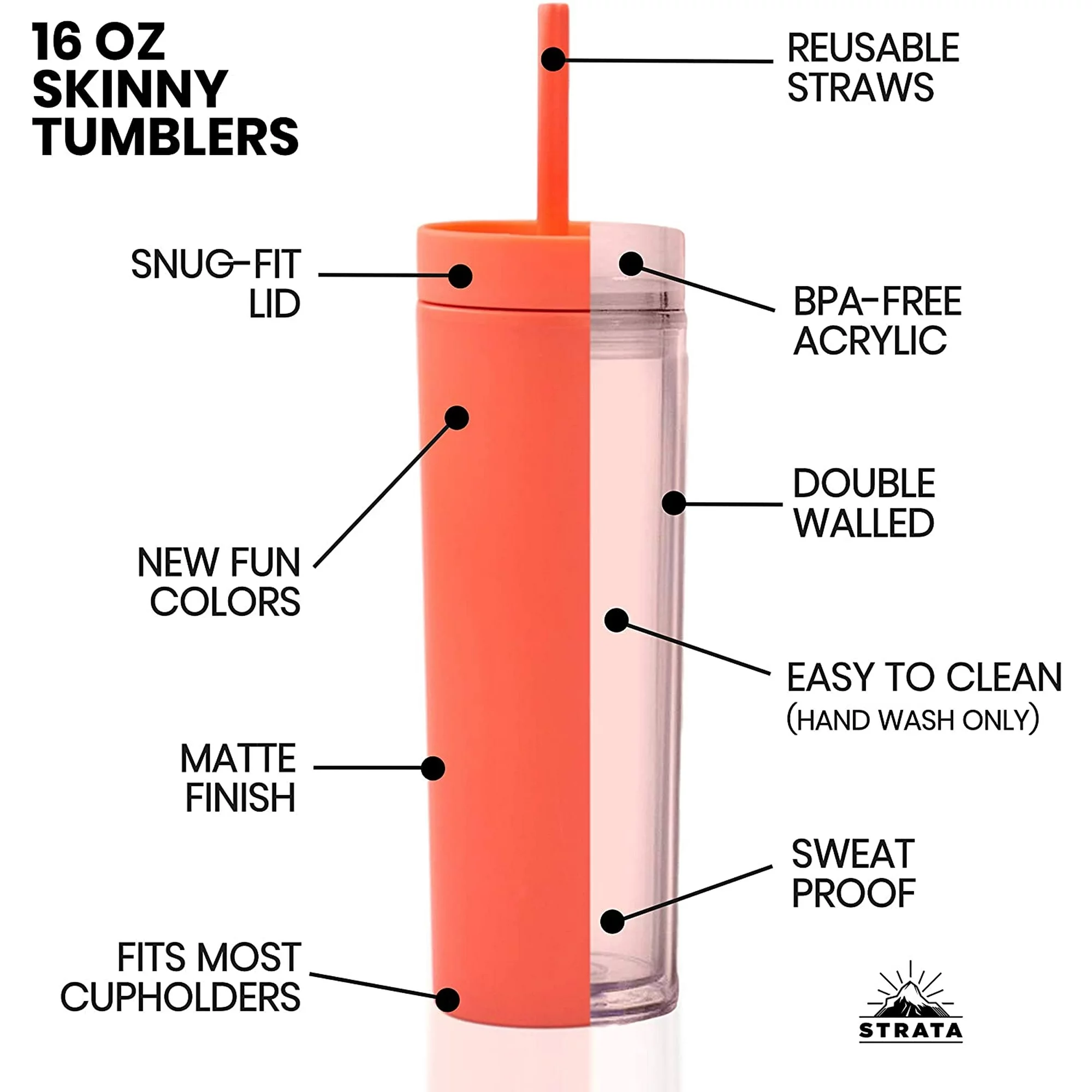 473ml Skinny Drinking Tumbler Acrylic Reusable with Lid and Straw