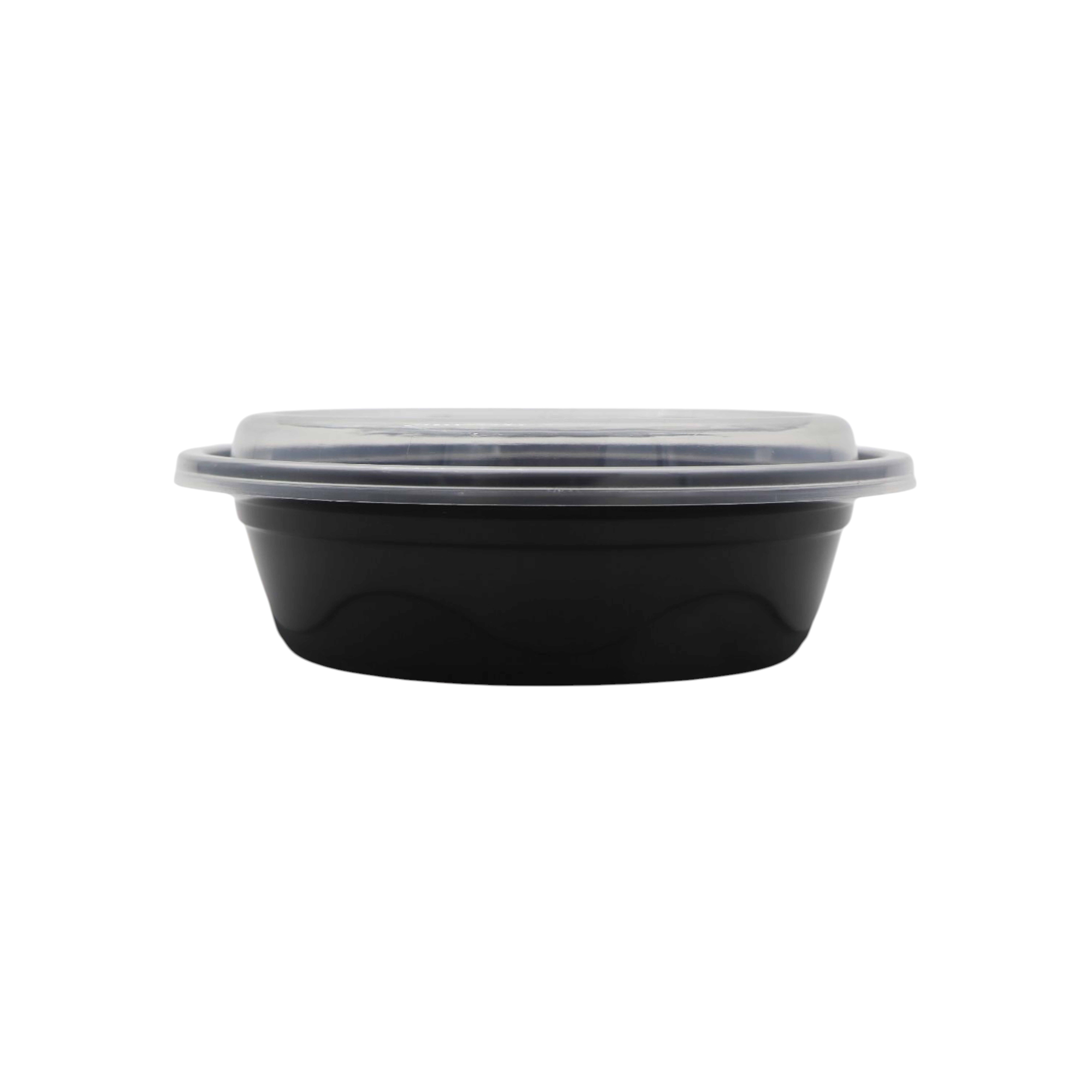 Microwavable Takeaway Food Bowl - Black Base Round PP Plastic Container Lunch Box with Lid 10pack