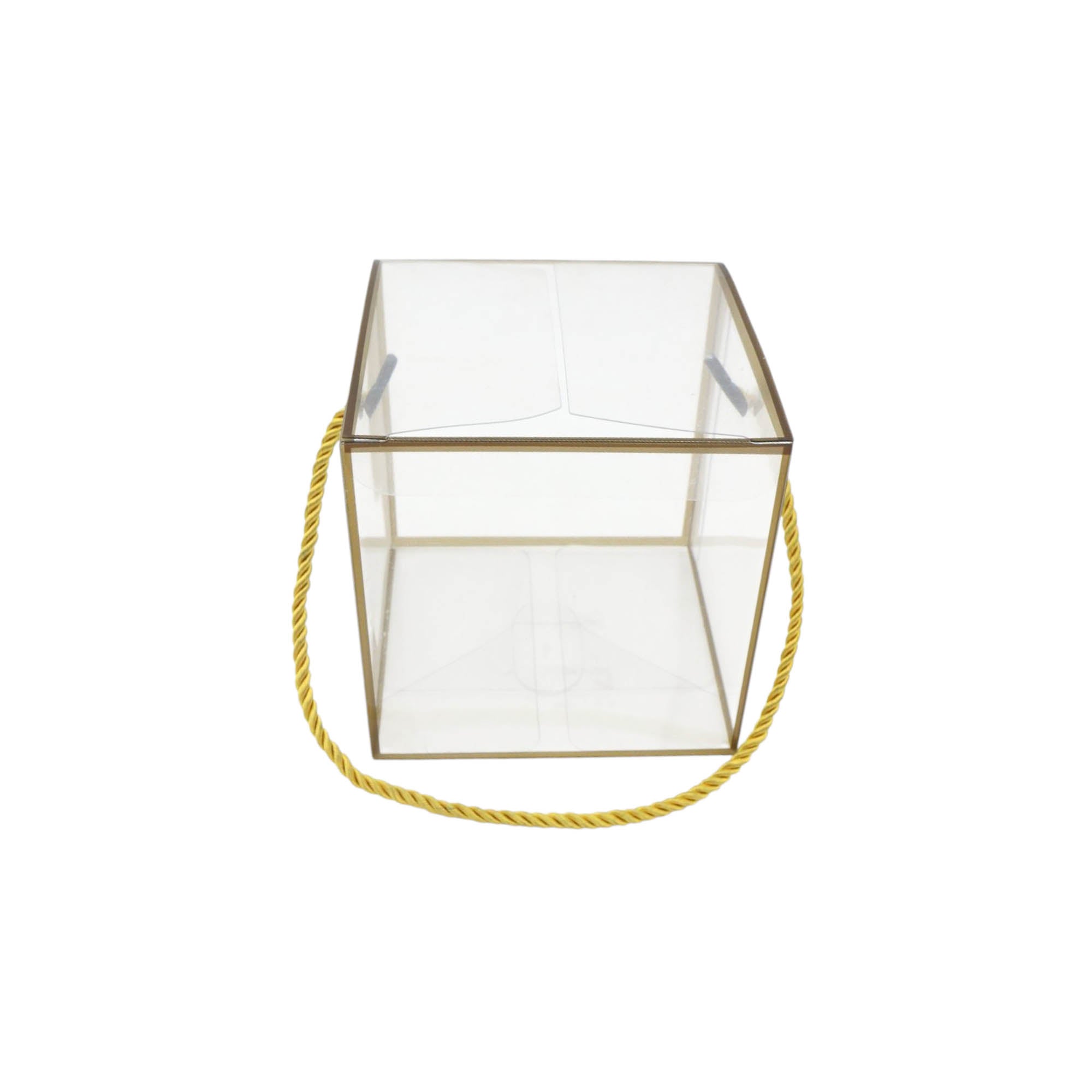 PVC Gift Box Gold Bordered with Rope String Handle 12x12x12cm Transparent