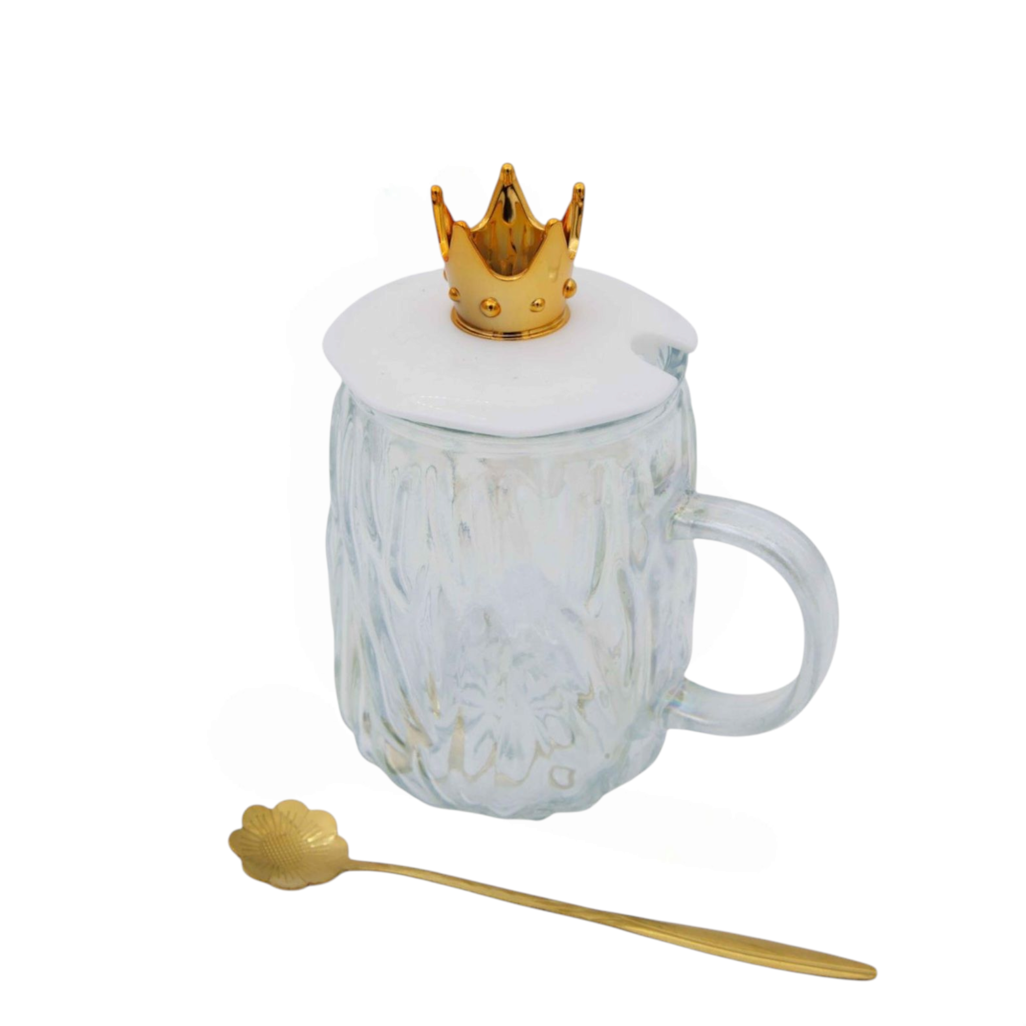 Borosilicate Glass Drinking Mug with Crown Lid & Spoon 450ml