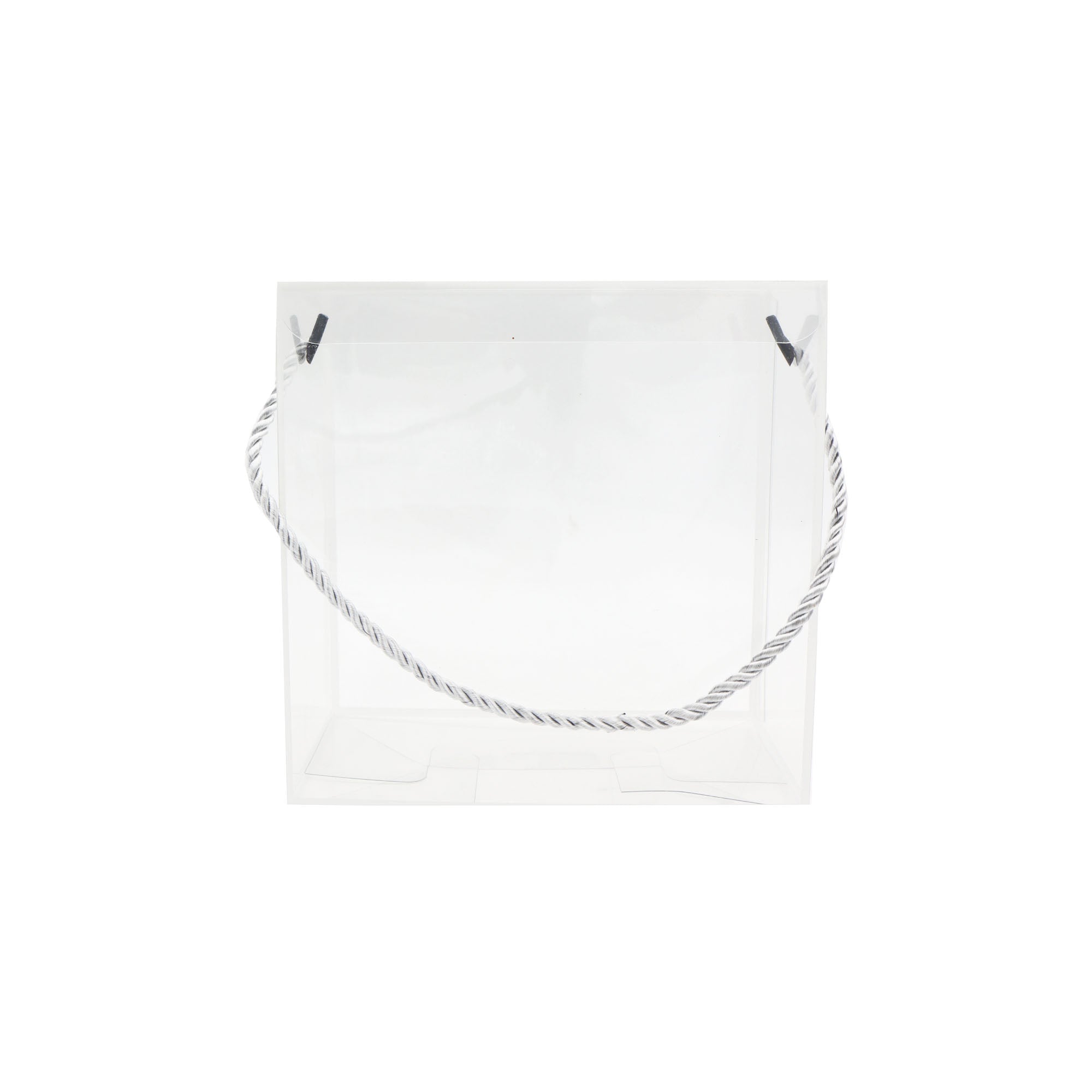 PVC Gift Box Silver Bordered with Rope String Handle 12x12x12cm Transparent