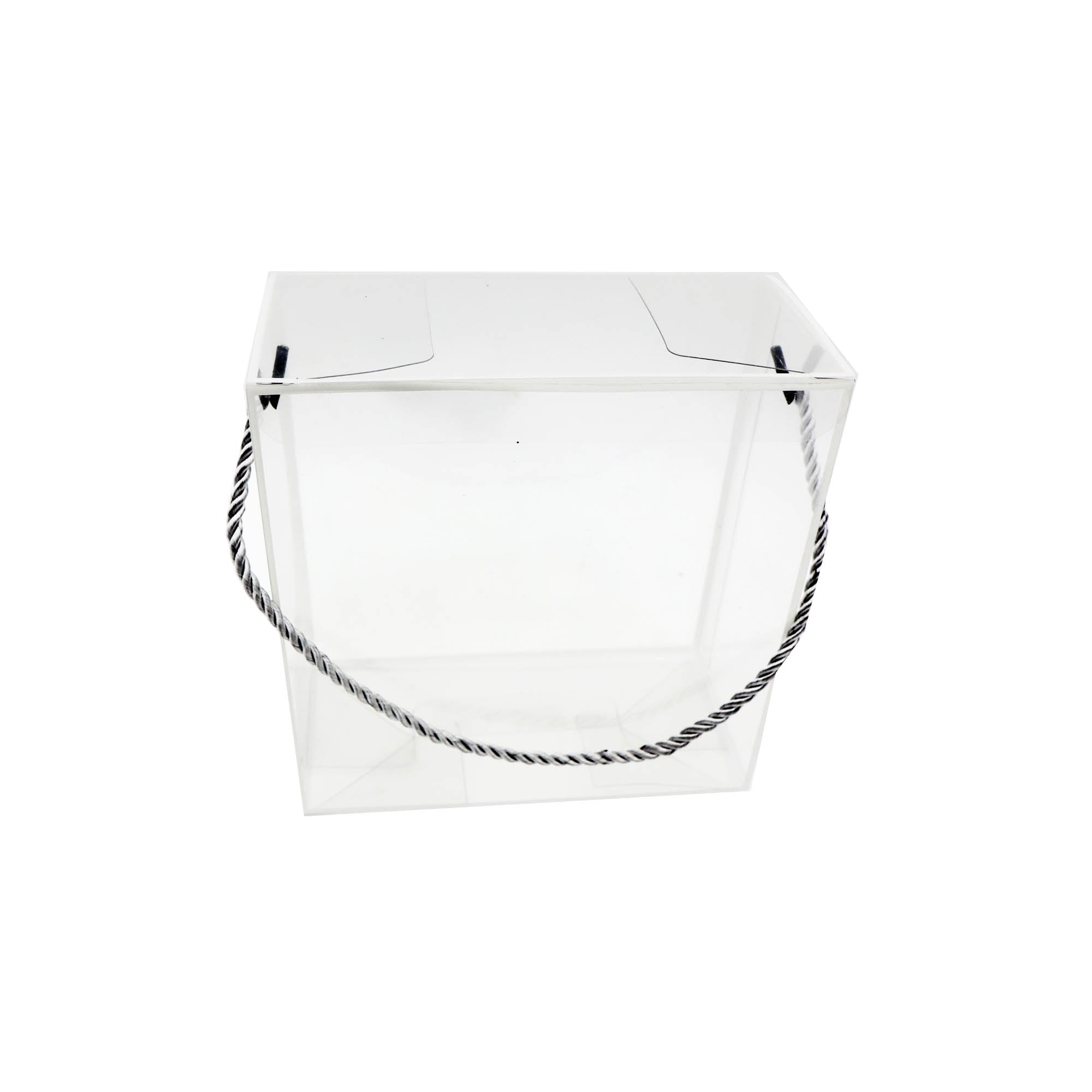 PVC Gift Box Silver Bordered with Rope String Handle 12x12x12cm Transparent