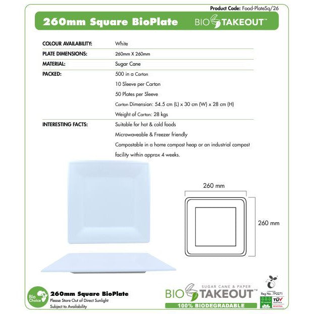 Biodegradable Bagasse Takeaway Plate Square 26x26cm 5pack