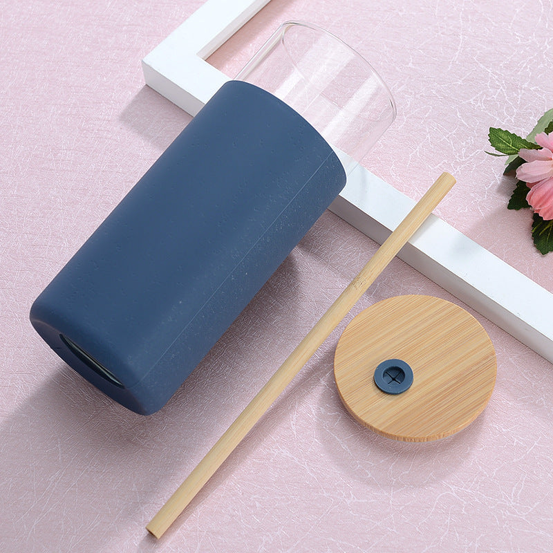 500ml Glass Drinking Bottle with Silicone Sleeve Grip & Bamboo Lid and Straw 7x17.5cm