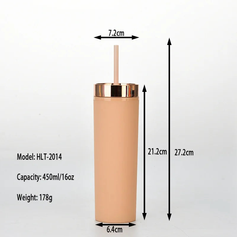 473ml Skinny Drinking Tumbler Acrylic Reusable with Rose Gold Lid & Straw 7x21cm