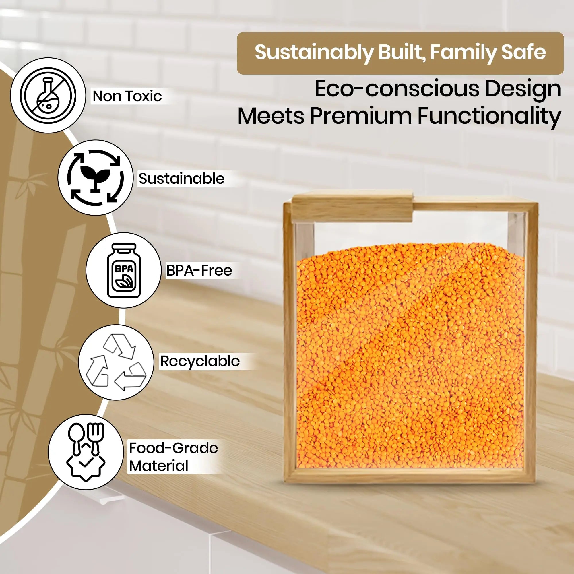 Square Portable Reusable Clear Food Bamboo Kitchen Organizer Container